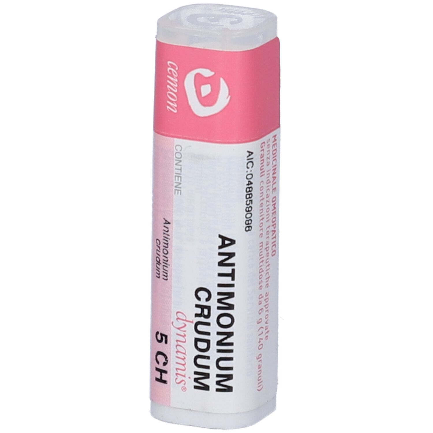 Contenitore cilindrico bianco con etichetta rosa. Scritta: Antimonium Crudum 5 CH, Cemon, Dynamis. Tappo con apertura.