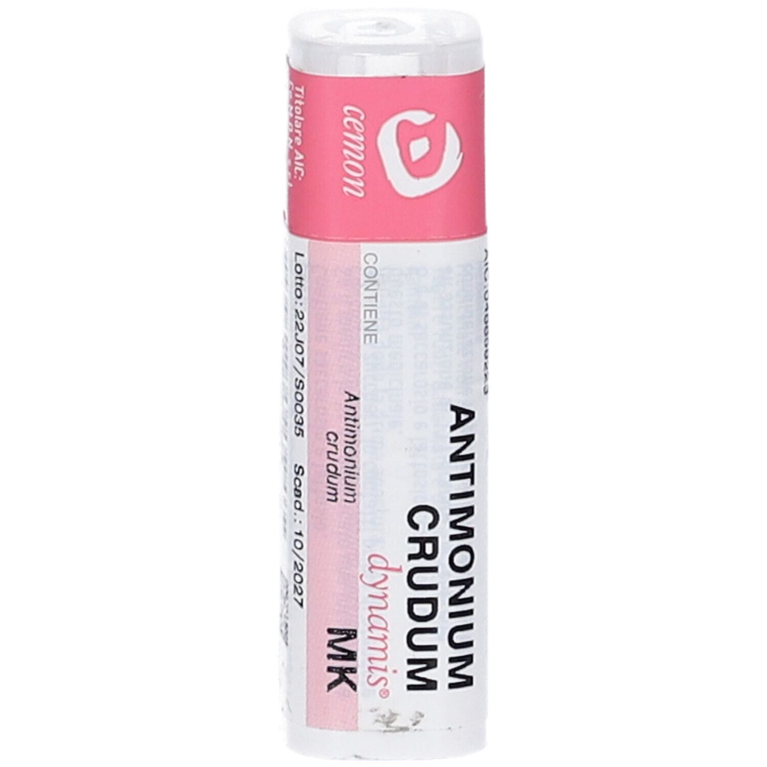 Confezione cilindrica bianca e rosa. Testo: Antimonium crudum dynamis MK, cemon. Scadenza 10/2027.