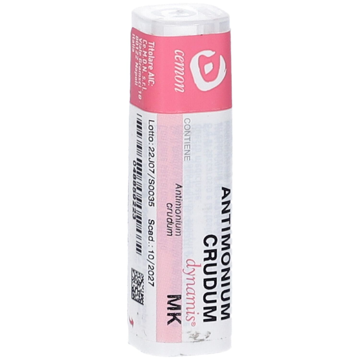 Confezione cilindrica bianca e rosa. Testo: Antimonium crudum dynamis MK, cemon. Scadenza 10/2027.