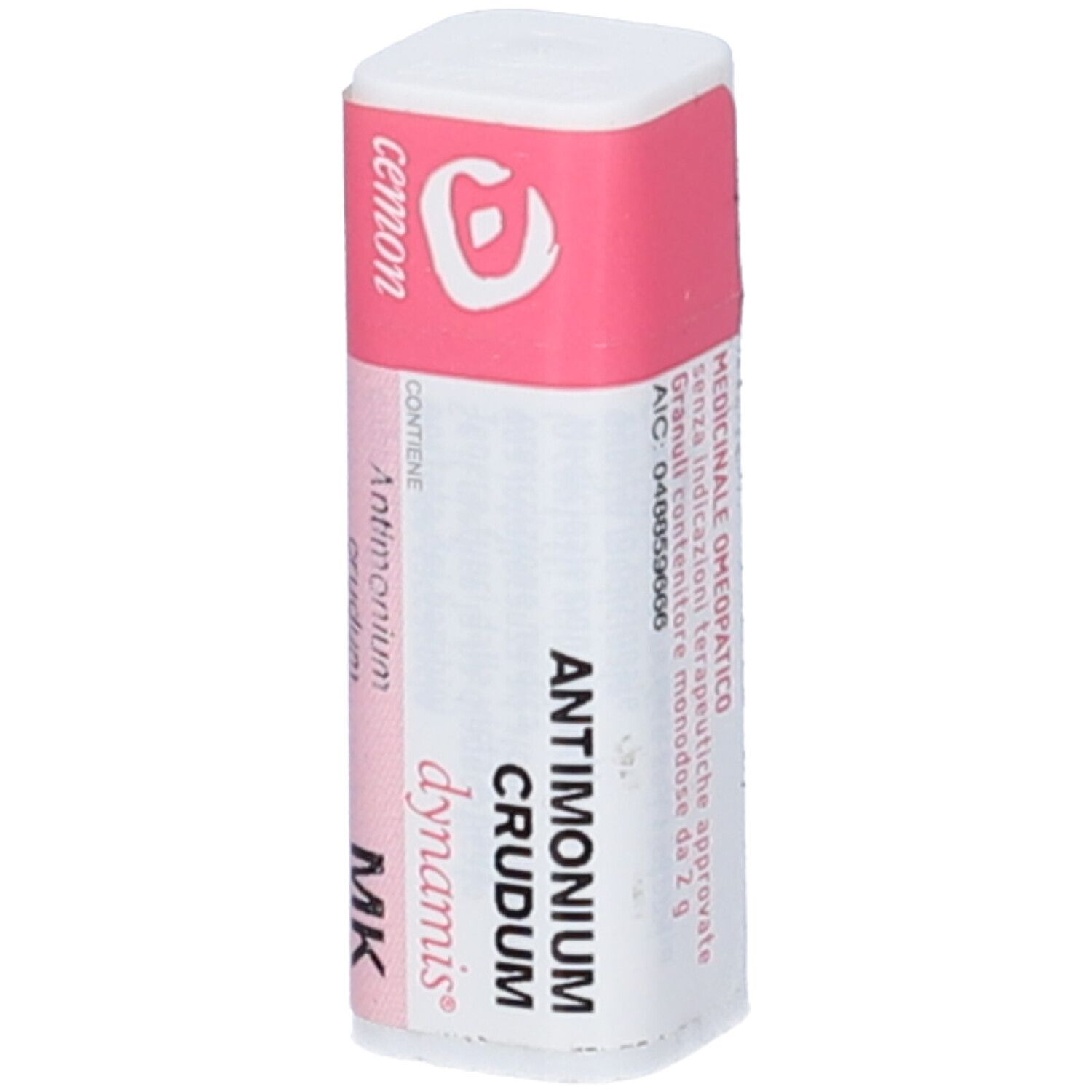 Contenitore cilindrico bianco con fascia rosa. Scritte: Cemon, Antimonium Crudum, dynamis, MK. Dettagli testuali.