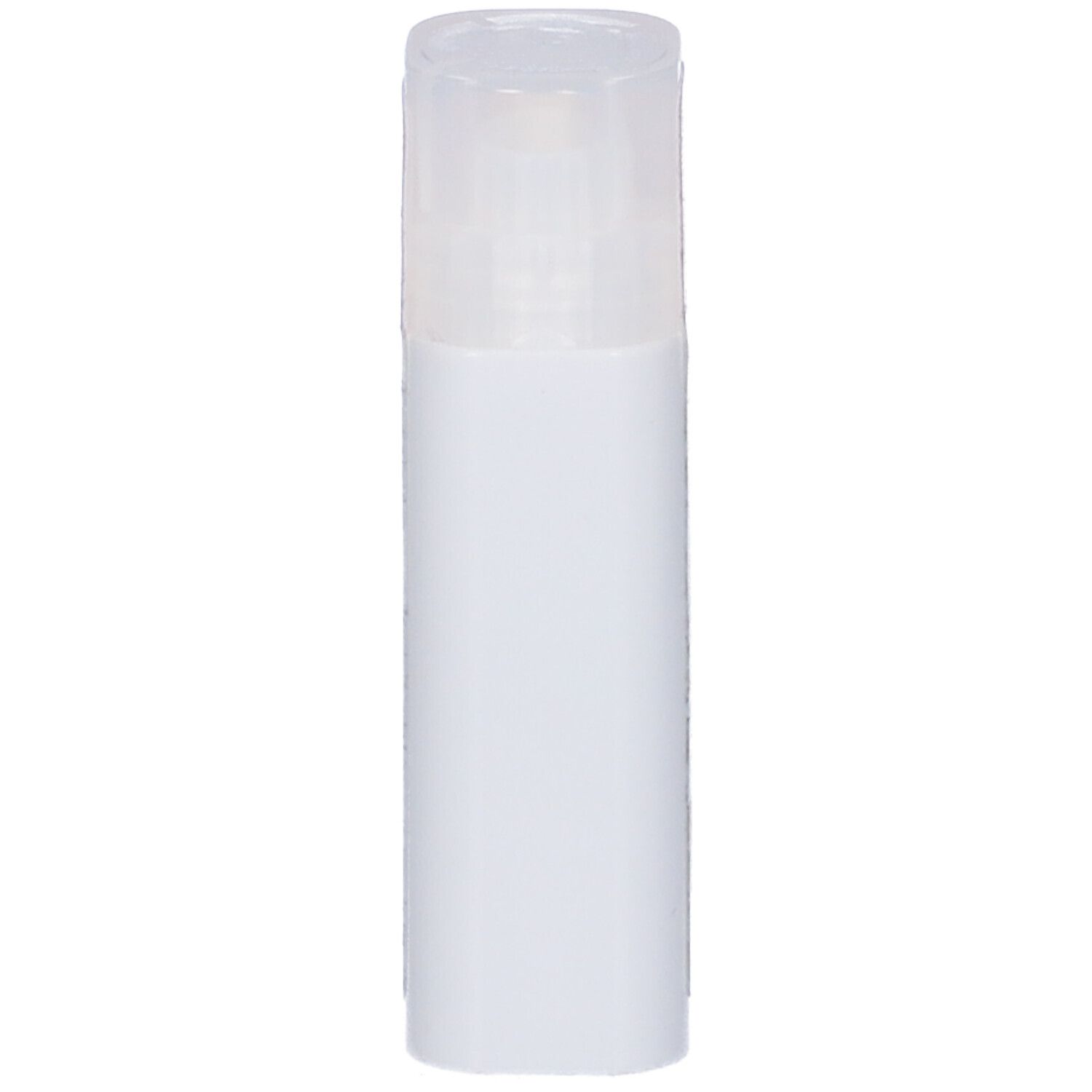 Confezione cilindrica bianca con tappo trasparente. Nessuna scritta visibile.