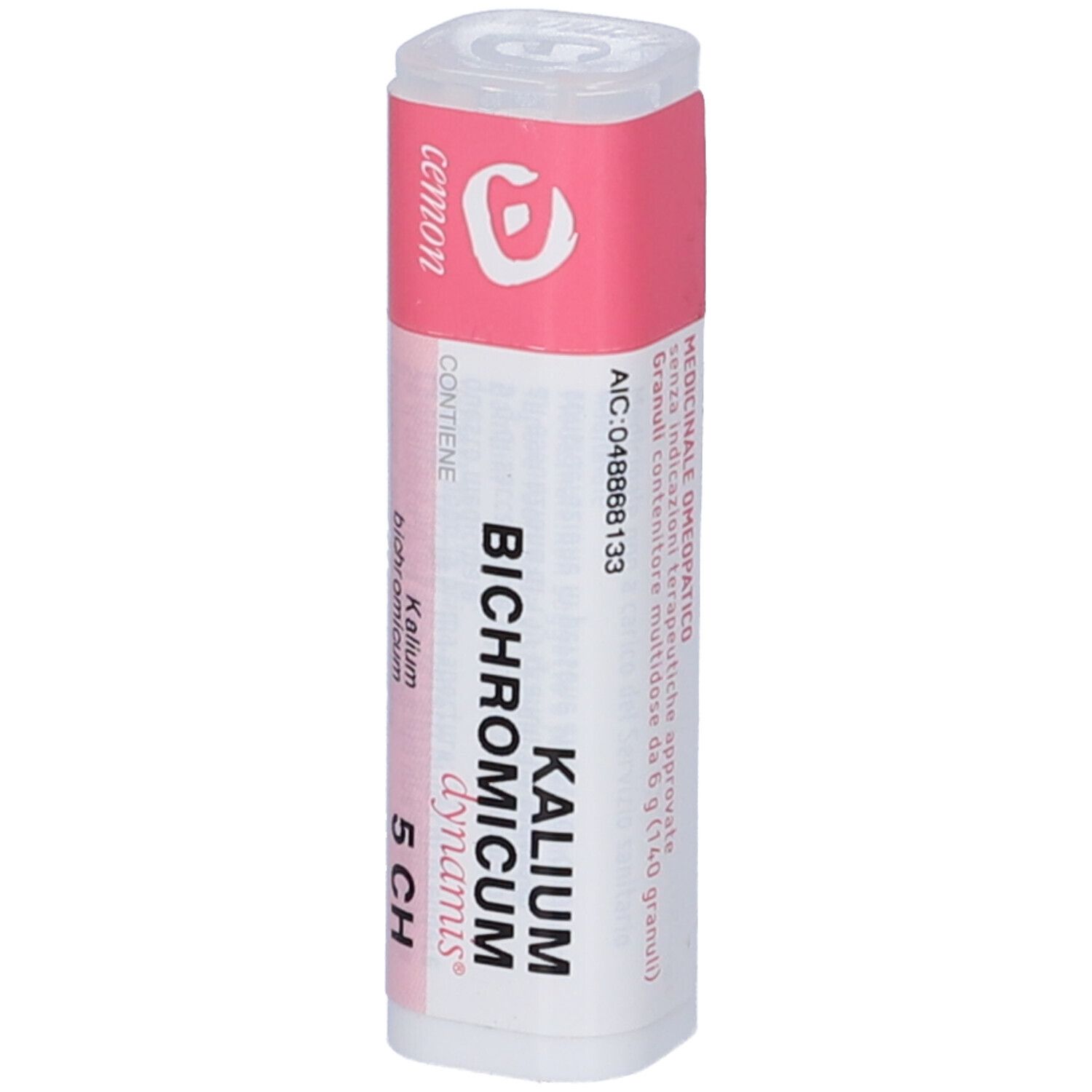Confezione cilindrica bianca e rosa. Scritta: Kalium Bichromicum dynamis 5 CH. Tappo trasparente.