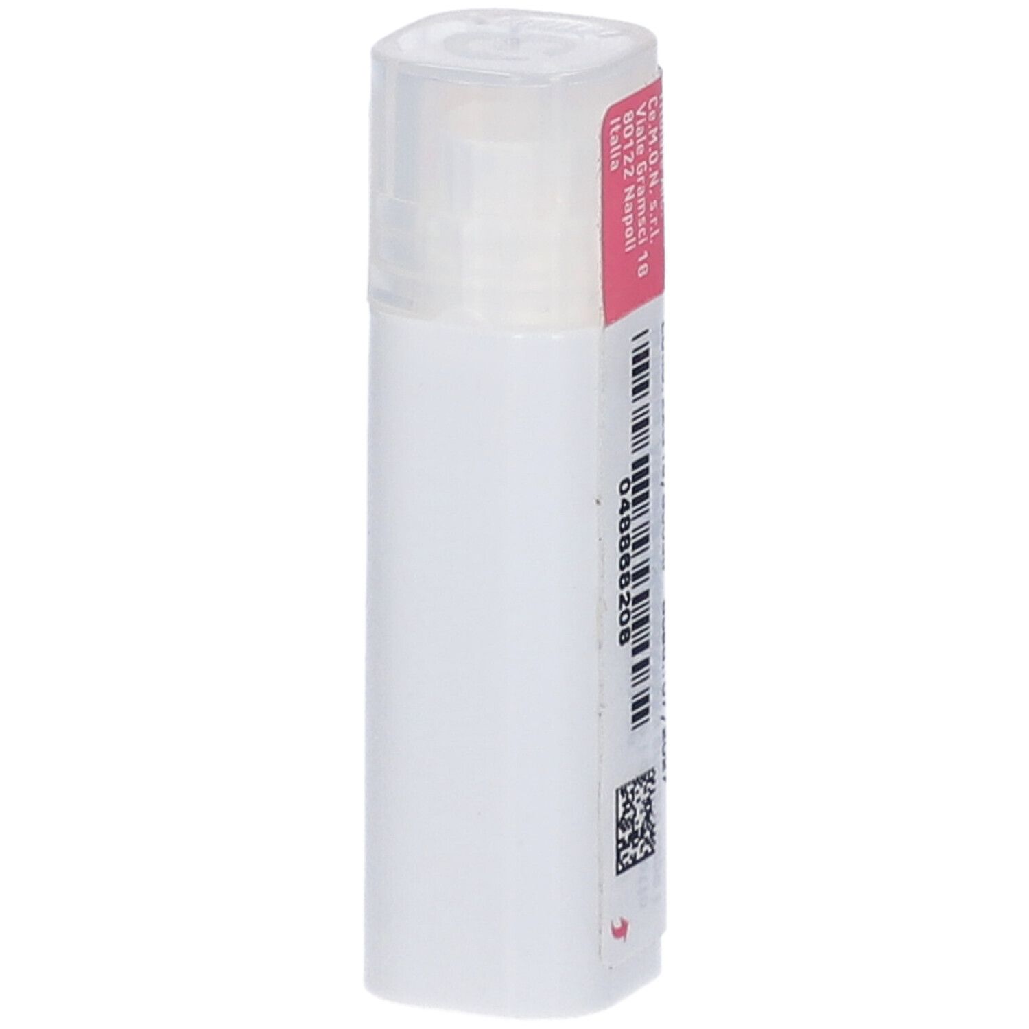 Flacone cilindrico bianco con etichetta rosa. Codice a barre e informazioni produttore. Il coperchio è trasparente.