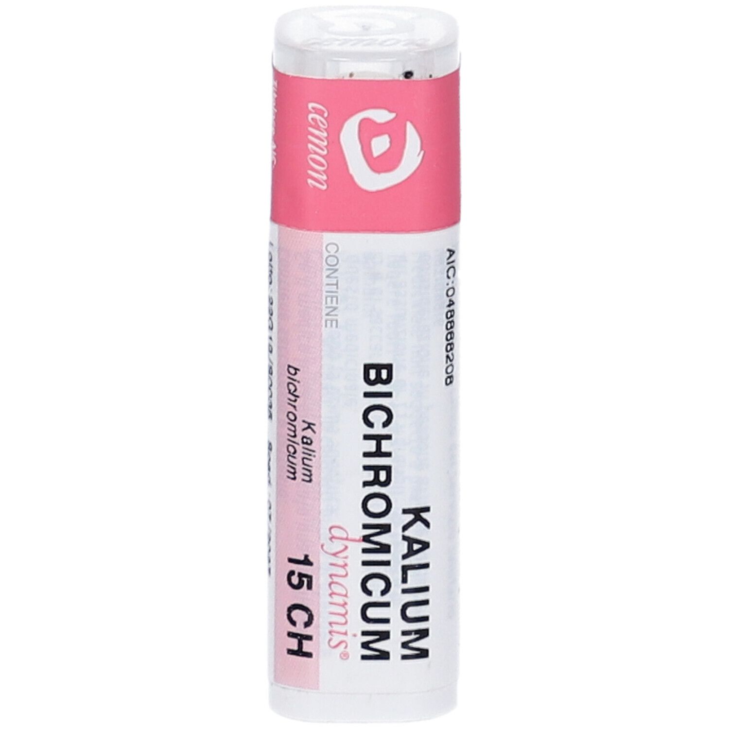 Flacone cilindrico bianco con etichetta rosa. Scritta: Kalium Bichromicum dynamis 15 CH. Logo del produttore e testo.