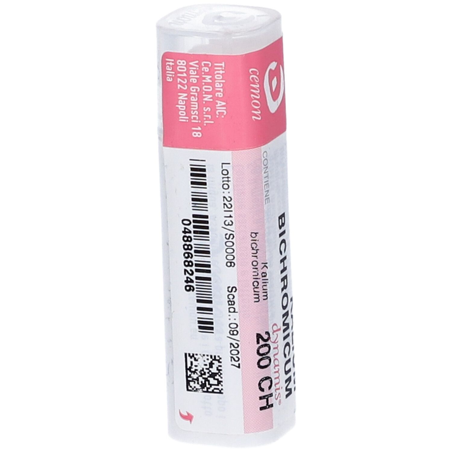 Flacone cilindrico con etichetta rosa. Scritta: Kalium Bichromicum 200 CH, Cemon. Con codice a barre e scadenza.