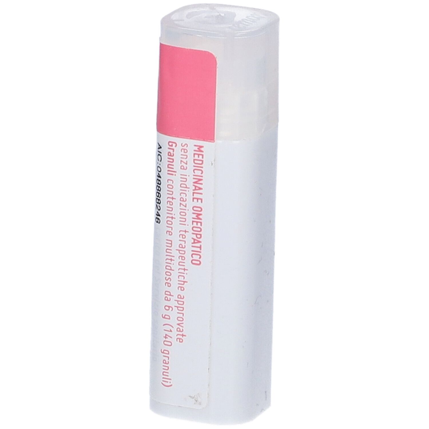 Flacone cilindrico con etichetta rosa. Scritta: Omeopatia medicinale. Contiene 140 granuli.
