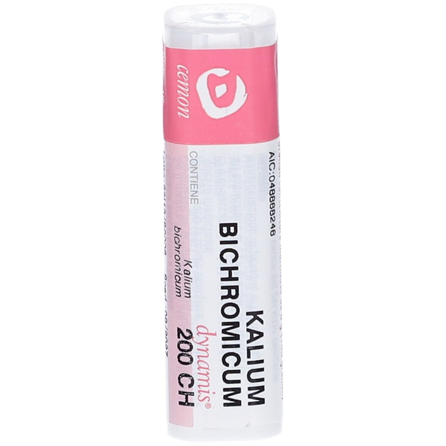 Flacone cilindrico con etichetta rosa. Scritta: Kalium Bichromicum 200 CH, Cemon. Contiene 140 granuli.