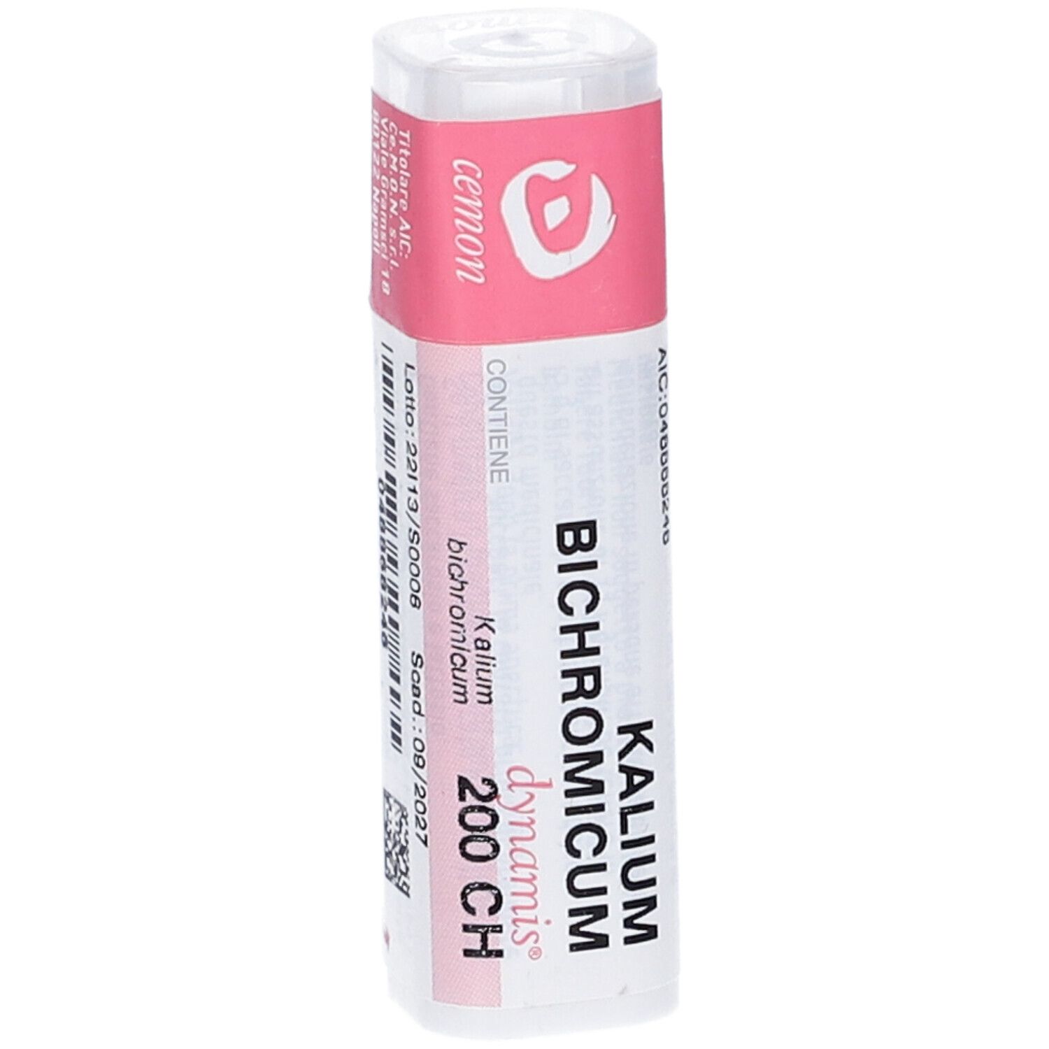 Flacone cilindrico con etichetta rosa. Scritta: Kalium Bichromicum 200 CH, Cemon. Con codice a barre e scadenza.