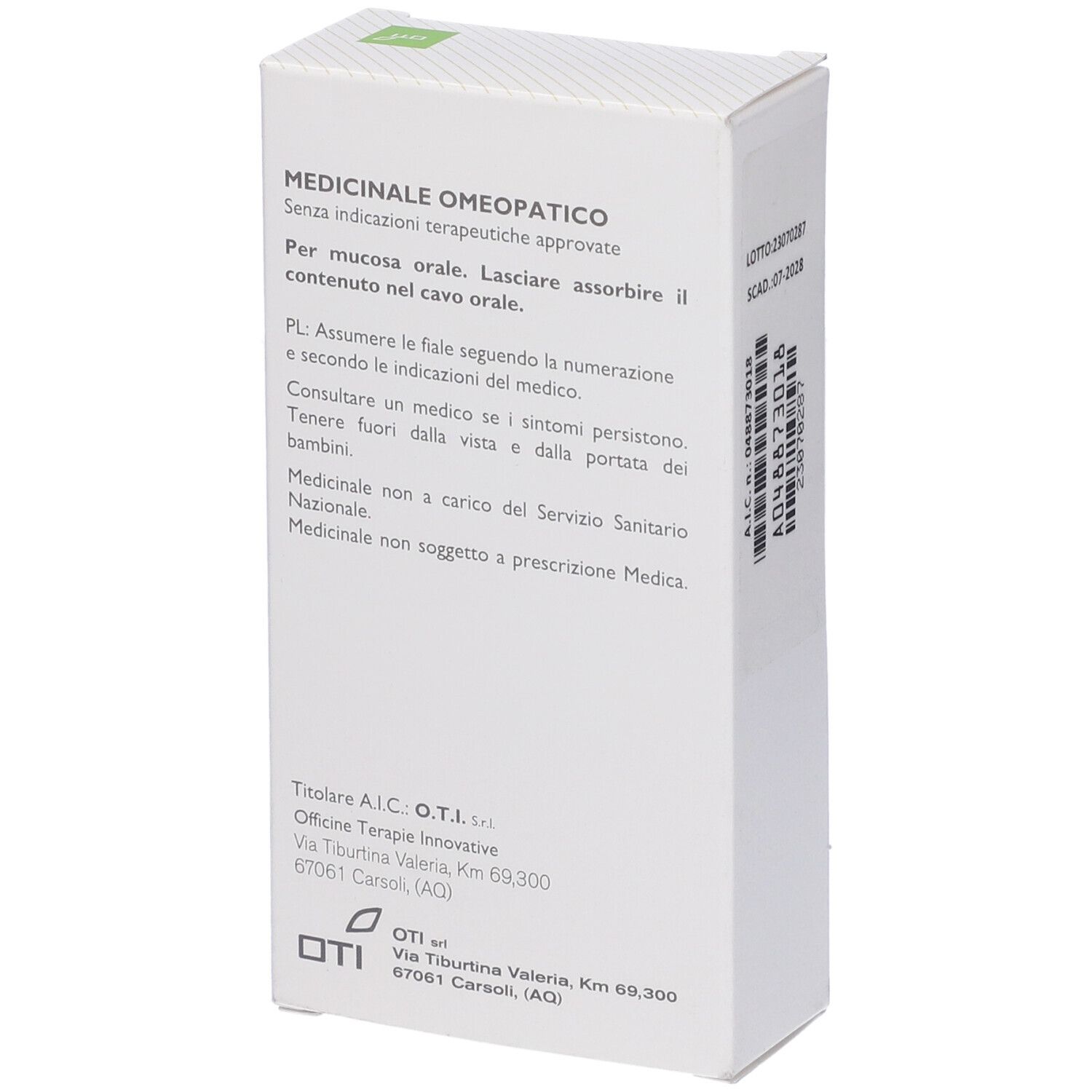 Scatola bianca con testo in italiano. 'Medicinale Omeopatico'. Logo OTI. Indirizzo e contatti.