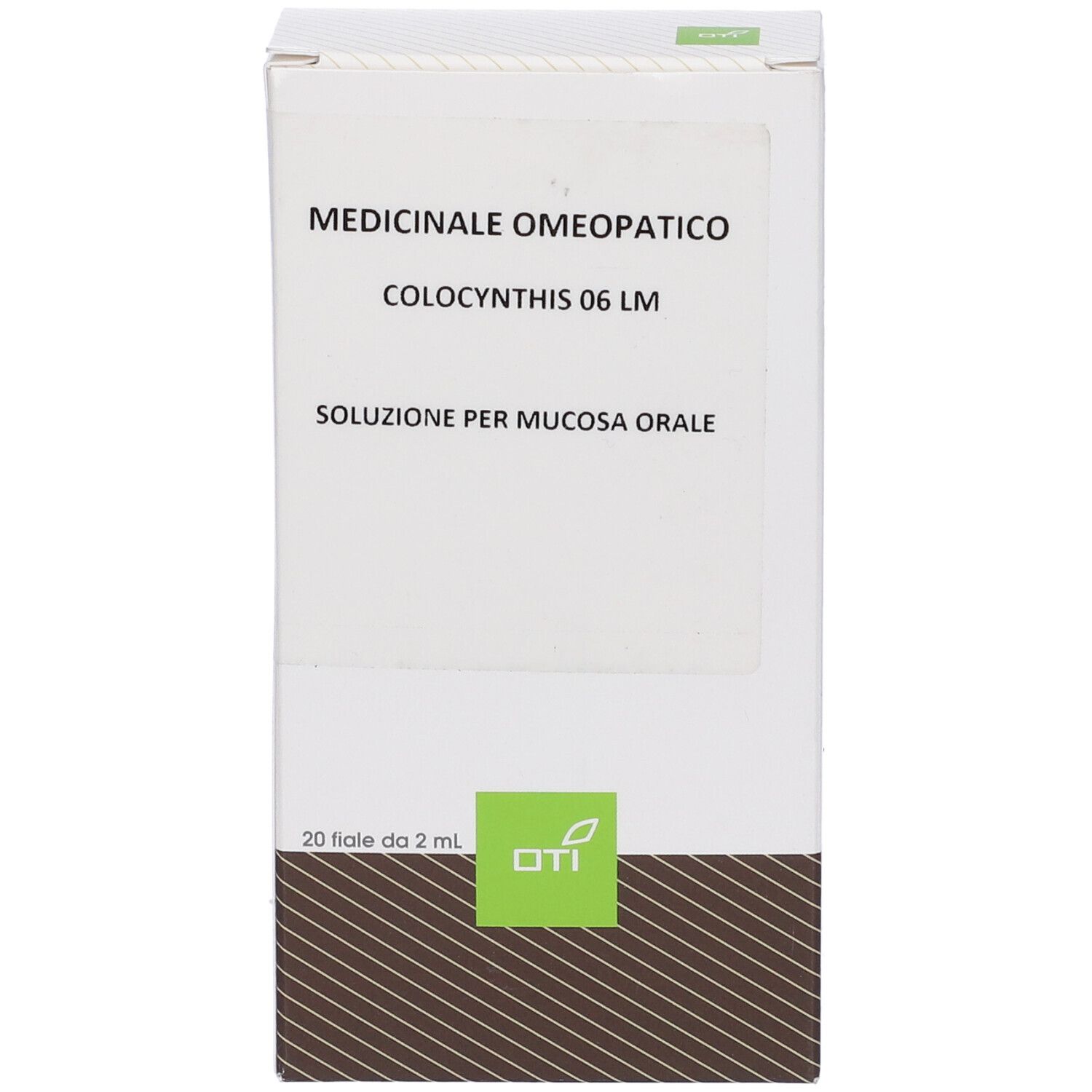 Scatola bianca con testo: 'Medicinale Omeopatico Colocynthis 06 LM Soluzione per mucosa orale'. Logo OTI.