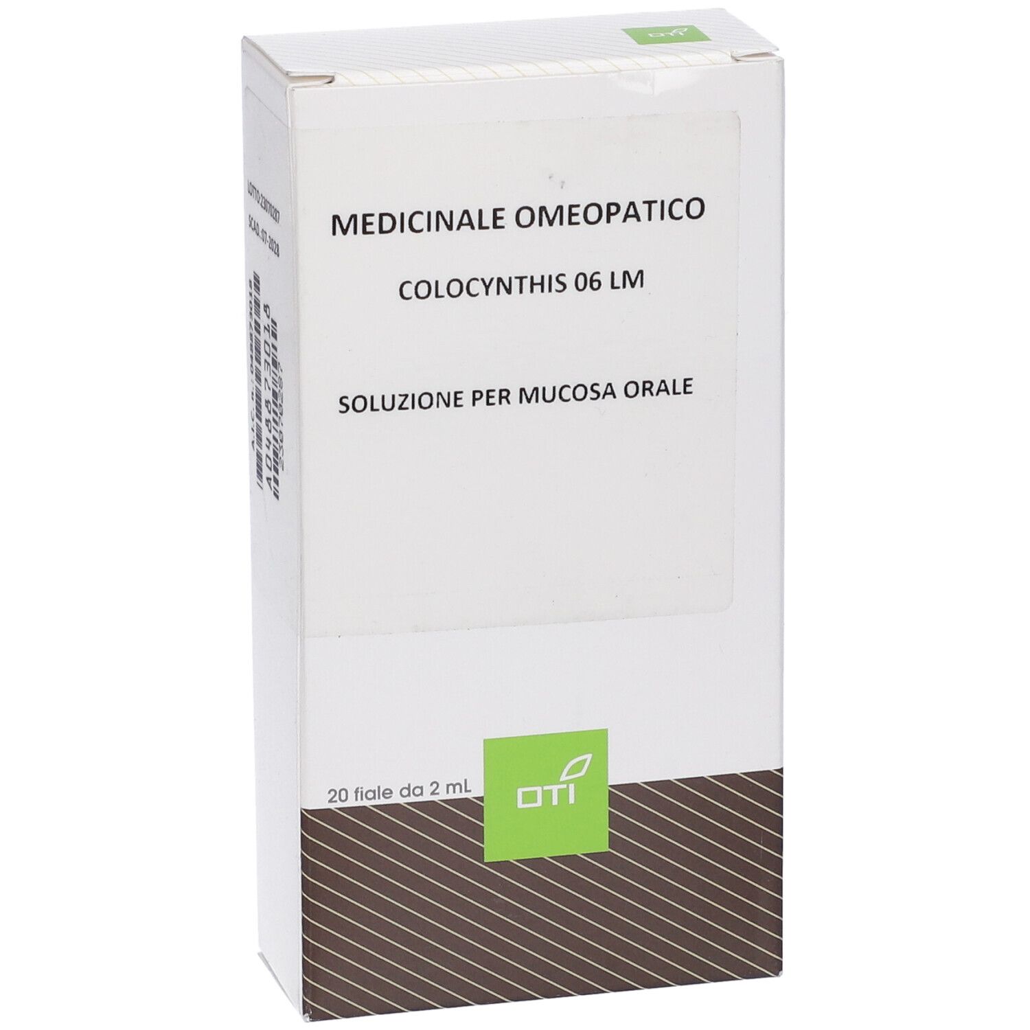 Scatola bianca con testo: 'Medicinale Omeopatico Colocynthis 06 LM Soluzione per mucosa orale'. Logo OTI.