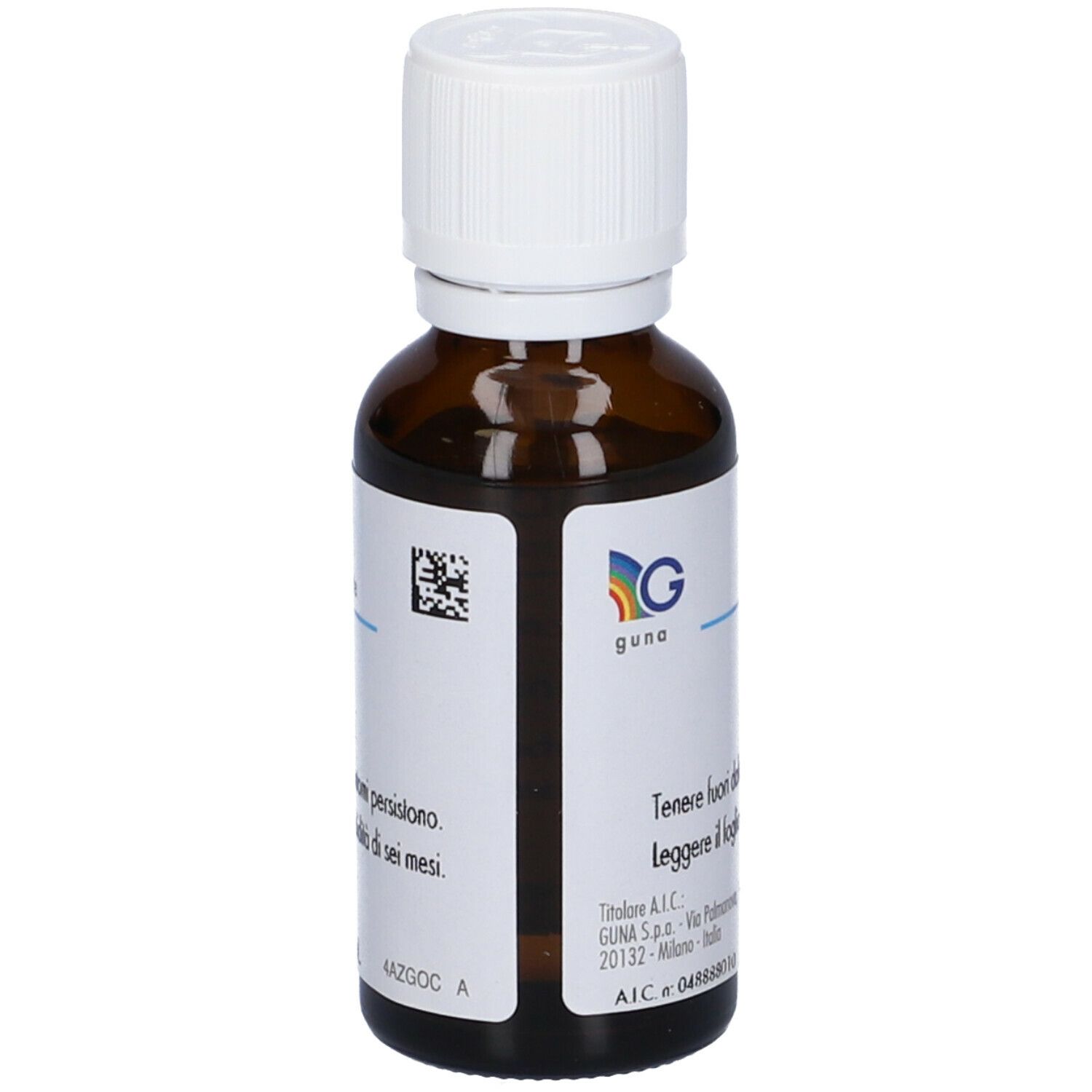 Flacone di vetro marrone con tappo bianco. Etichetta con testo e logo. Prodotto Guna.