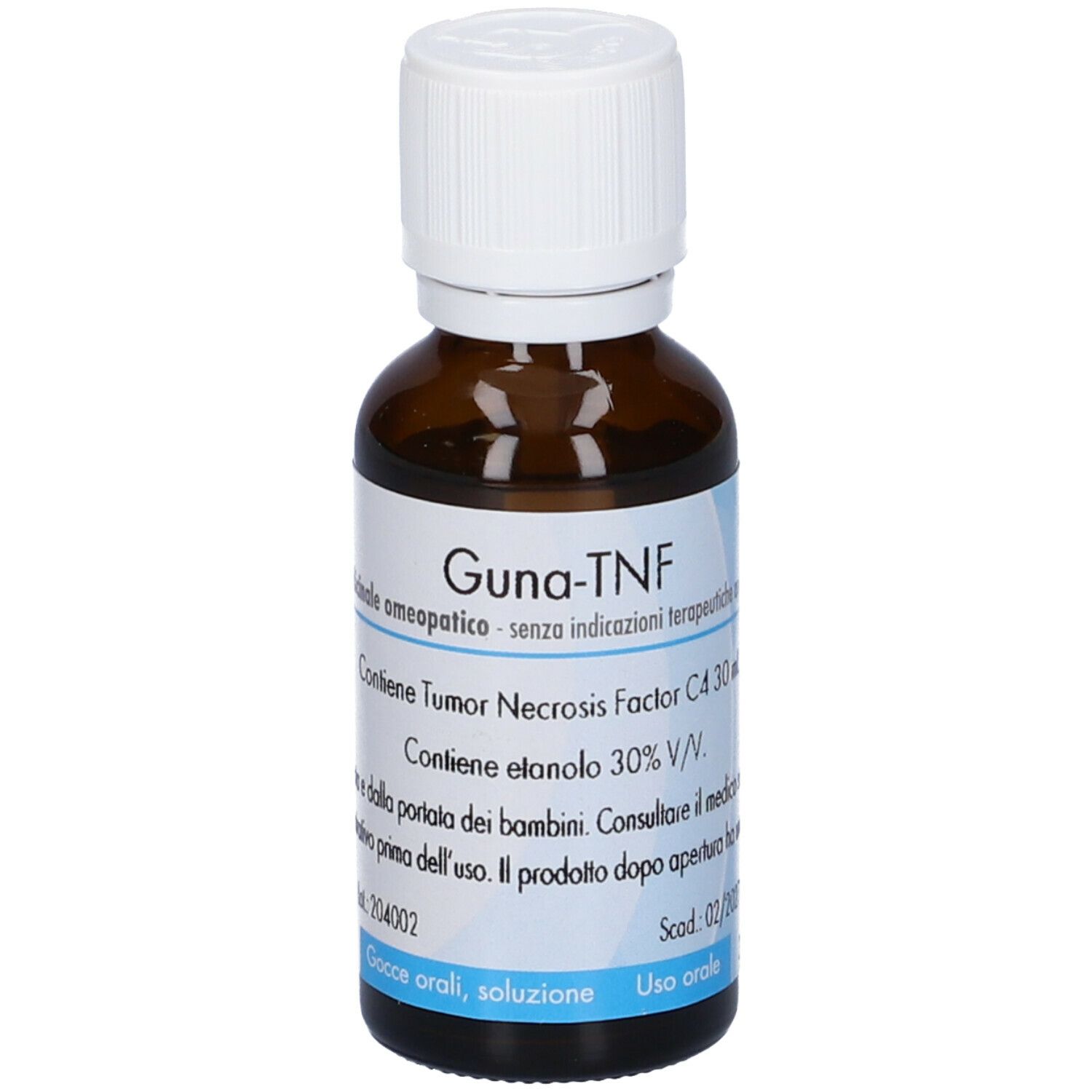 Flacone di vetro marrone con tappo bianco. Etichetta con testo e logo. Guna-NTF.