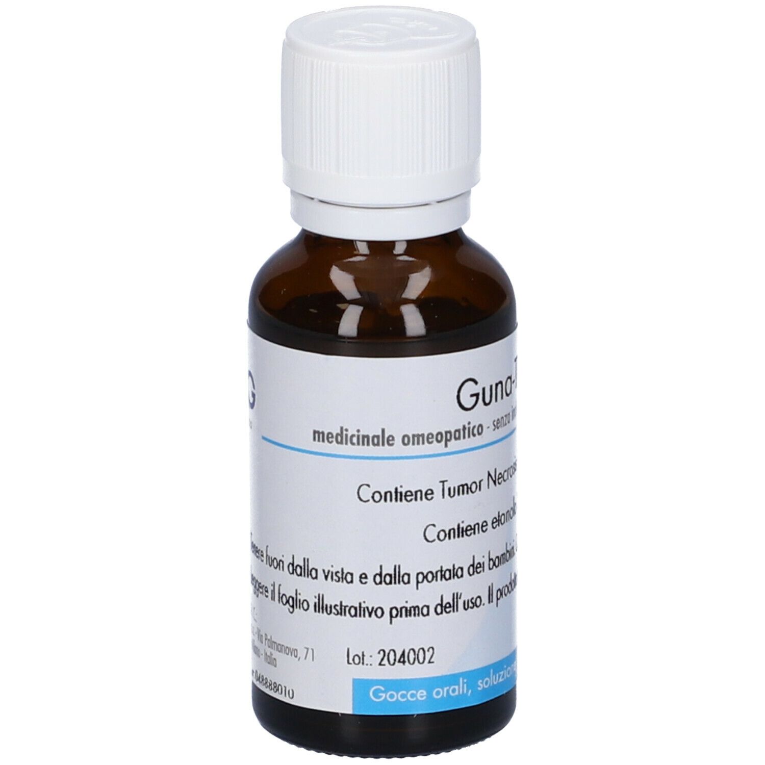 Flacone di vetro marrone con tappo bianco. Etichetta con testo e logo. Prodotto Guna.