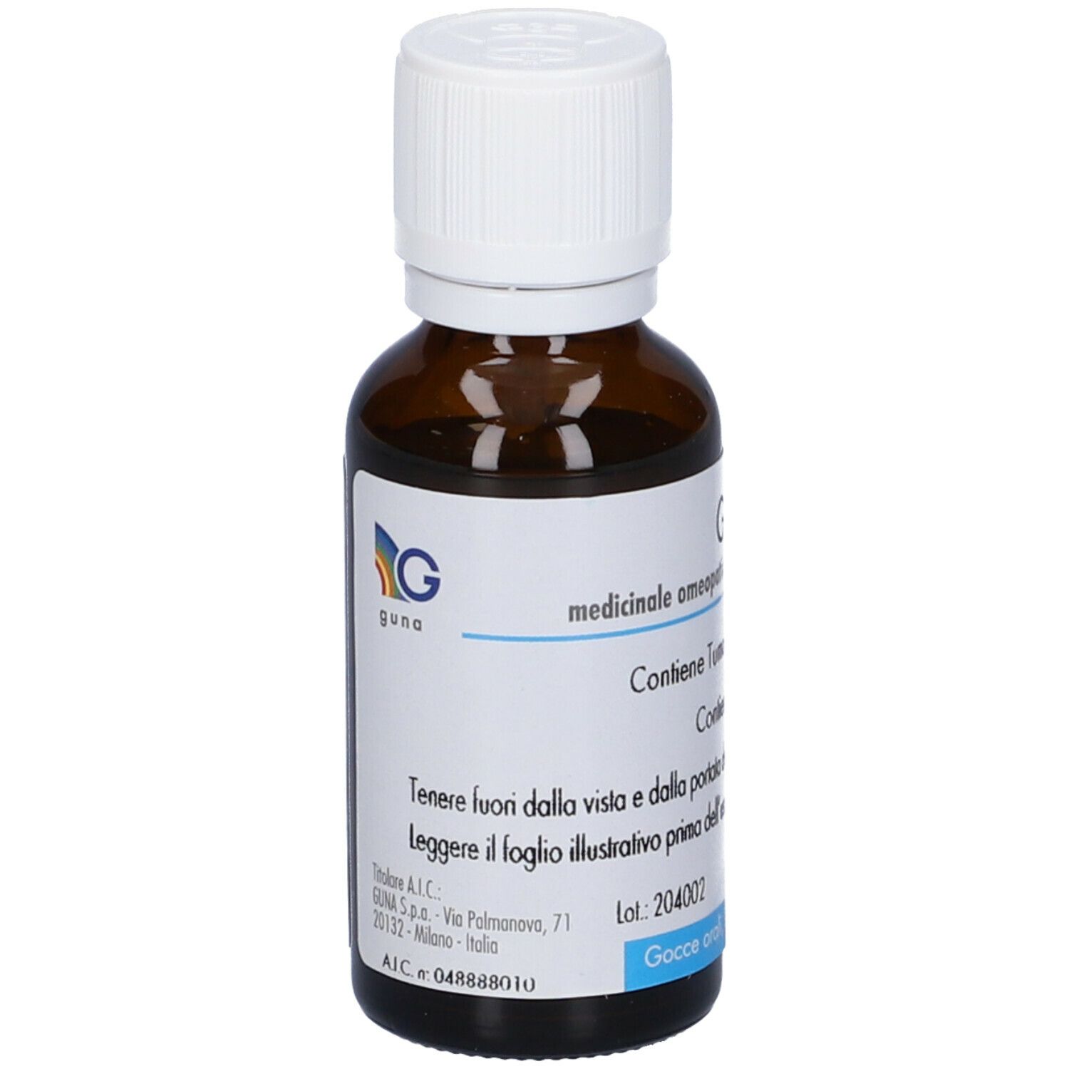 Flacone di vetro marrone con tappo bianco. Etichetta con testo e logo. Prodotto Guna.