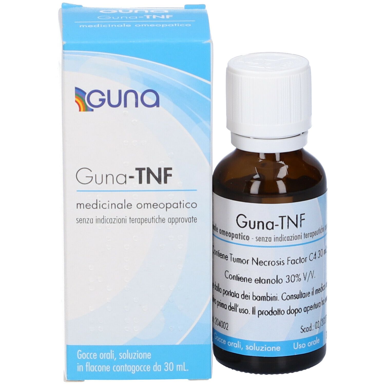 Flacone e scatola Guna-NTF. Flacone marrone, tappo bianco. Scatola blu con logo.