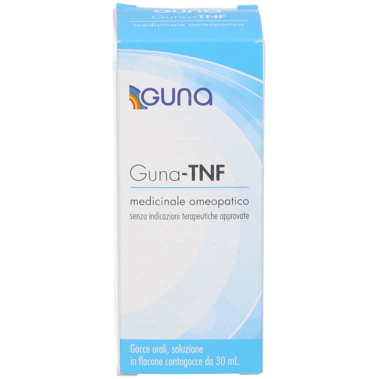 Scatola blu con logo e testo Guna. Prodotto Guna-NTF. Sfondo bianco.