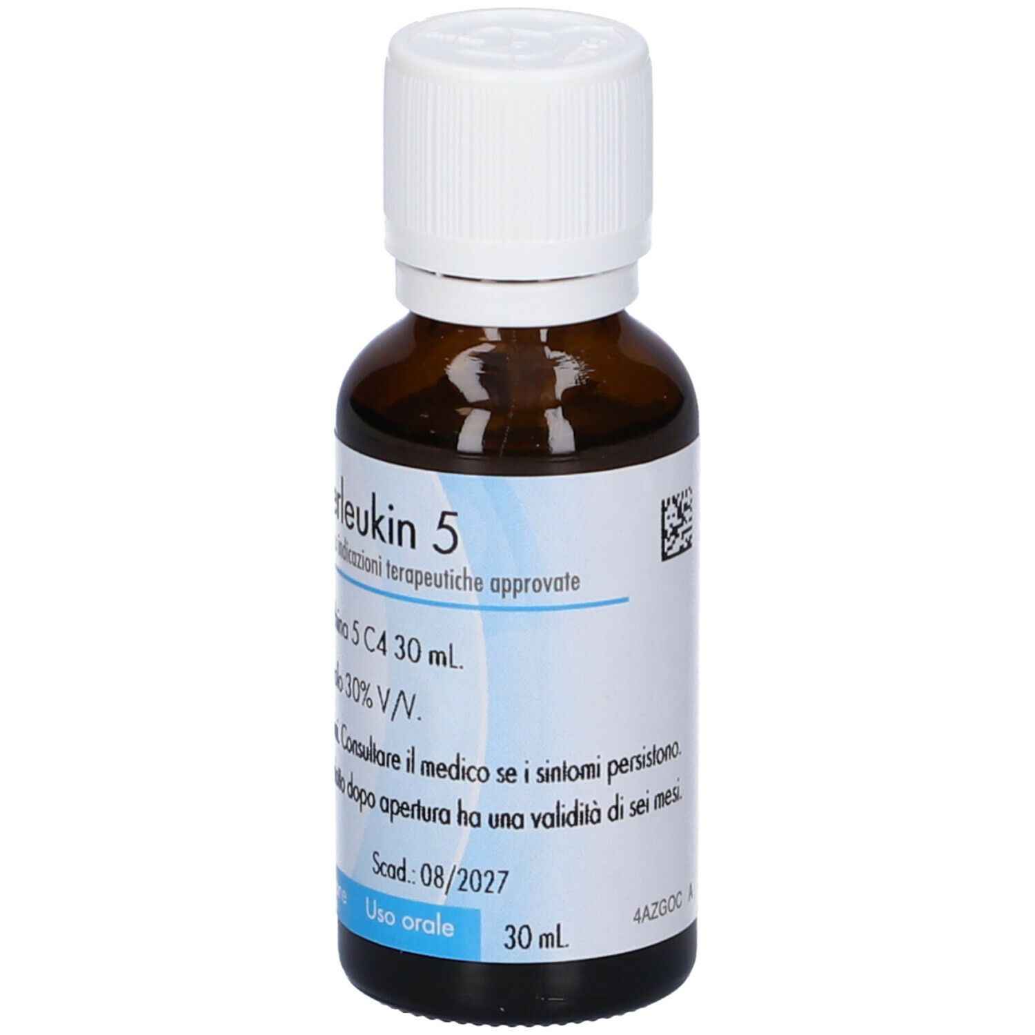 Flacone marrone con tappo bianco. Etichetta con testo: Interleukin 5, 30 ml, 30% V/V. Scadenza 08/2027. Uso orale.