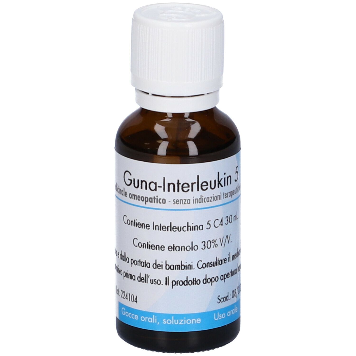Flacone marrone con tappo bianco. Etichetta con testo: Guna-Interleukin 5, omeopatico, 30 ml. Contiene etanolo.