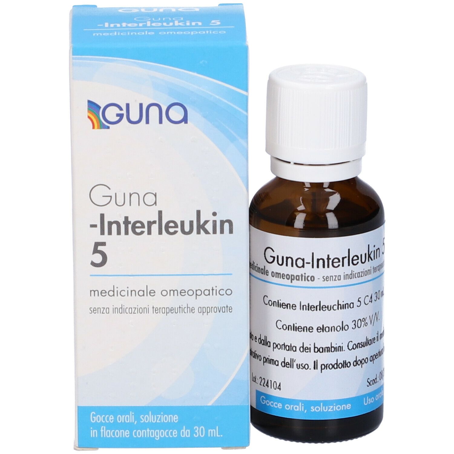 Confezione e flacone. Scatola con testo: Guna-Interleukin 5, omeopatico, 30 ml. Gocce.