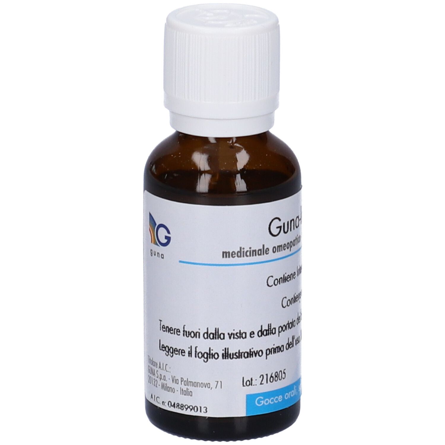 Flacone di vetro marrone con tappo bianco. Etichetta con nome del prodotto e logo. Soluzione in gocce.