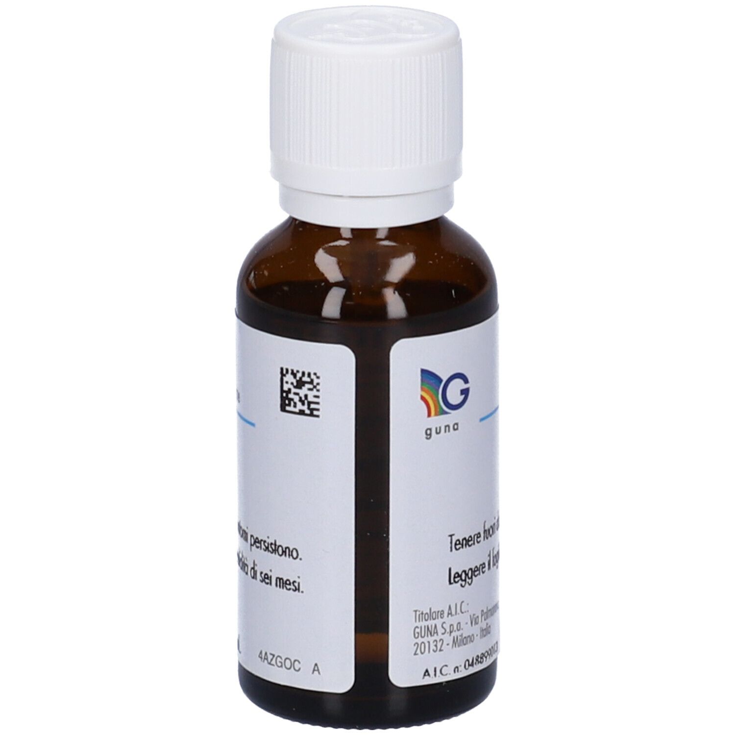 Flacone di vetro marrone con tappo bianco. Etichetta con nome del prodotto e codice QR. Soluzione in gocce.