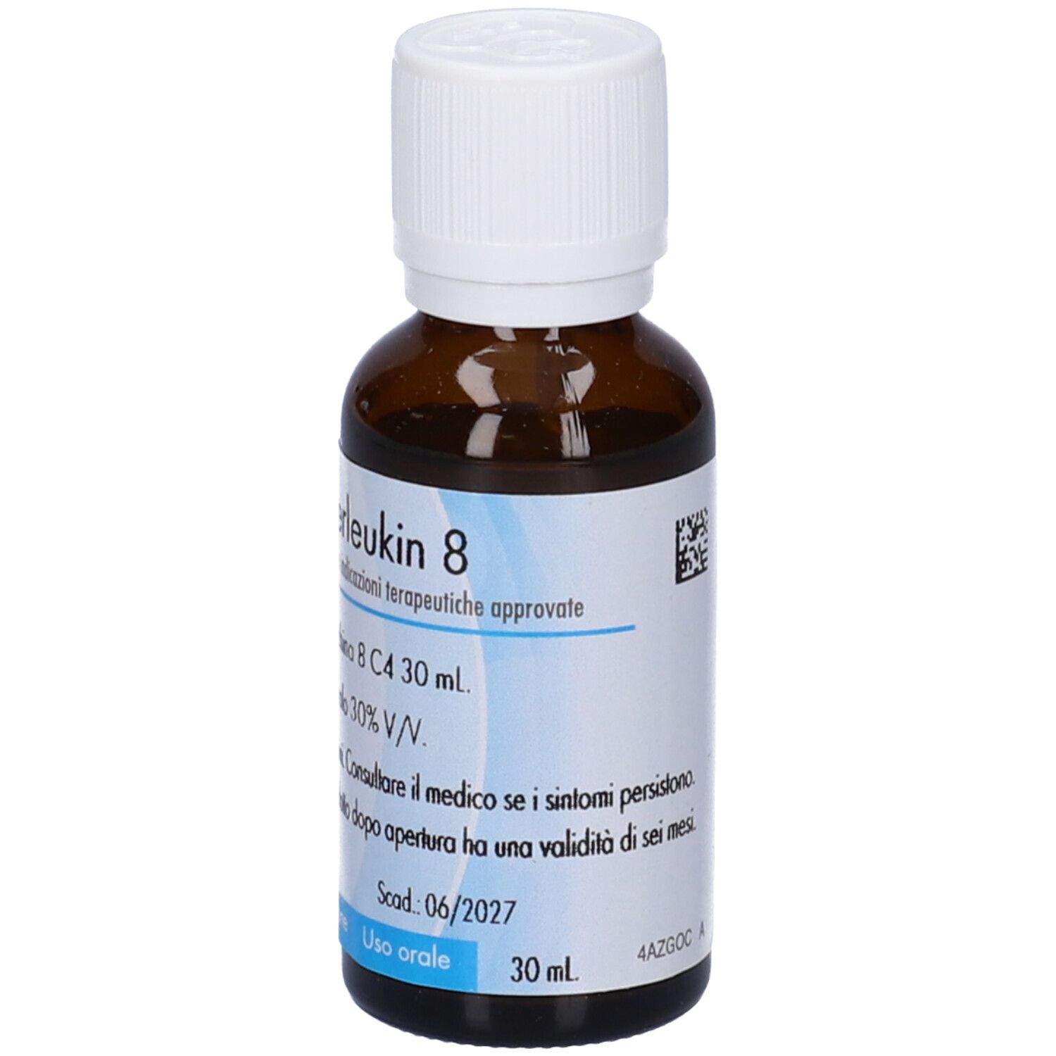 Flacone di vetro marrone con tappo bianco. Etichetta con nome del prodotto e data di scadenza. Soluzione in gocce.