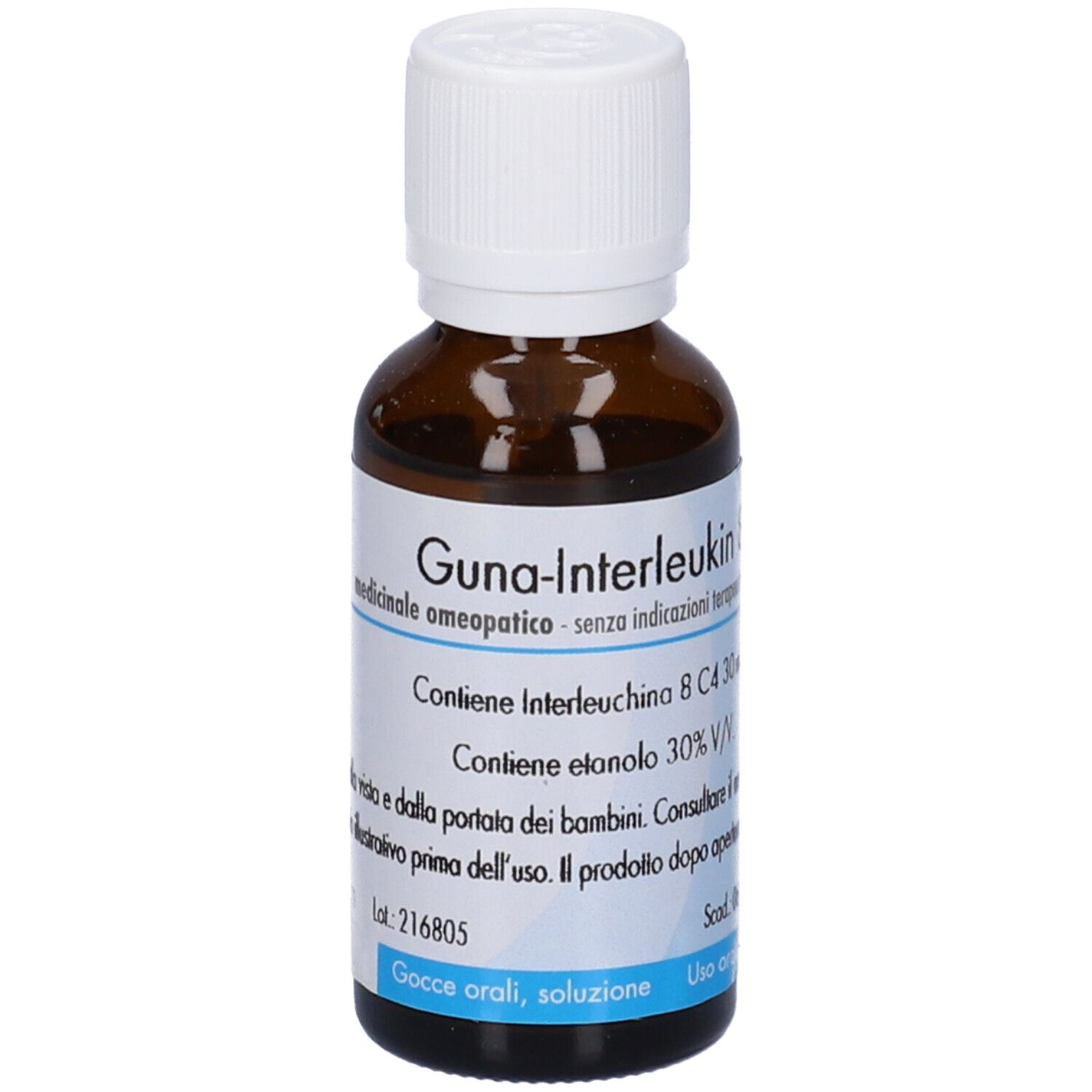 Flacone di vetro marrone con tappo bianco. Etichetta con nome del prodotto e informazioni. Soluzione in gocce.