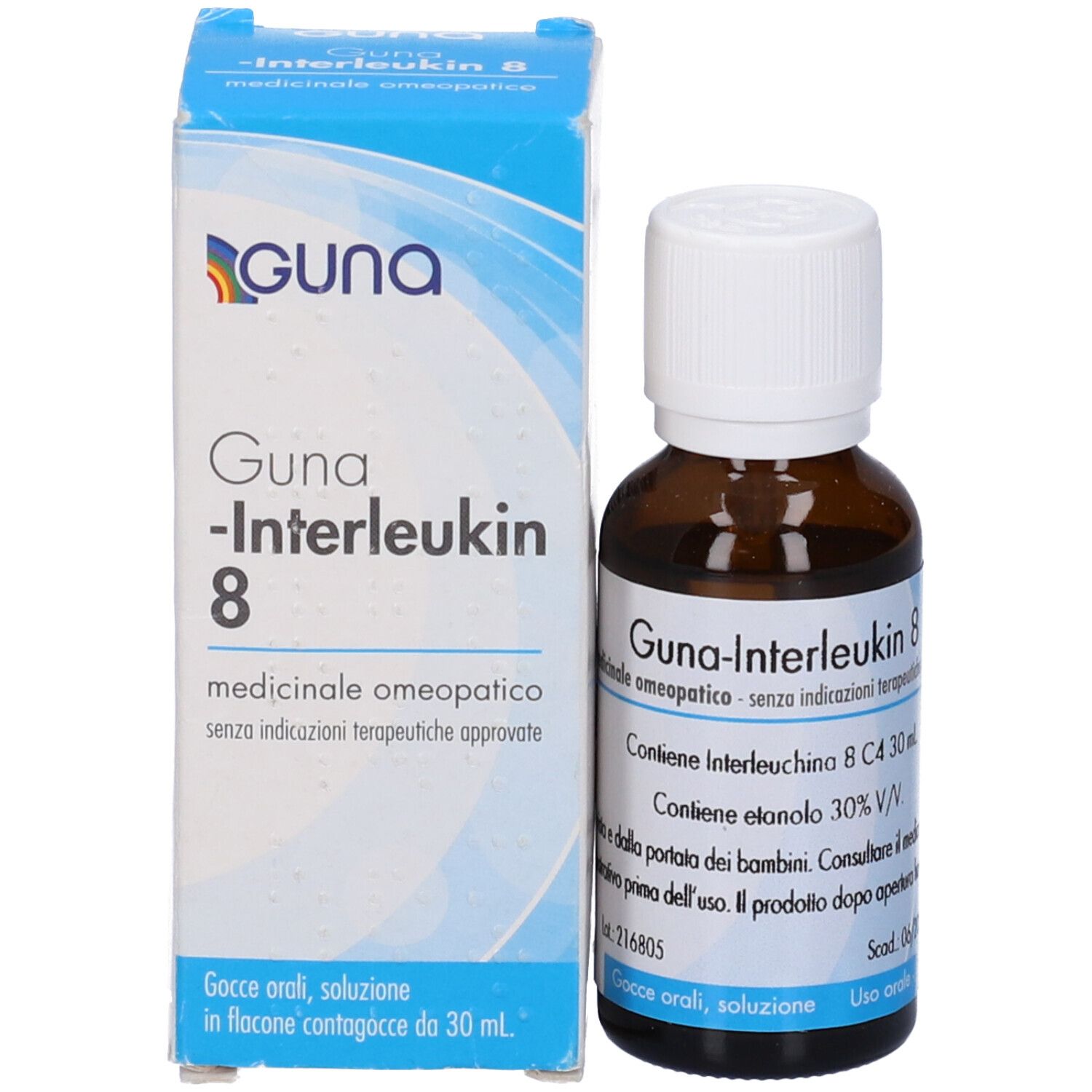 Flacone e scatola. Flacone marrone con tappo bianco. Scatola blu con nome del prodotto e logo.