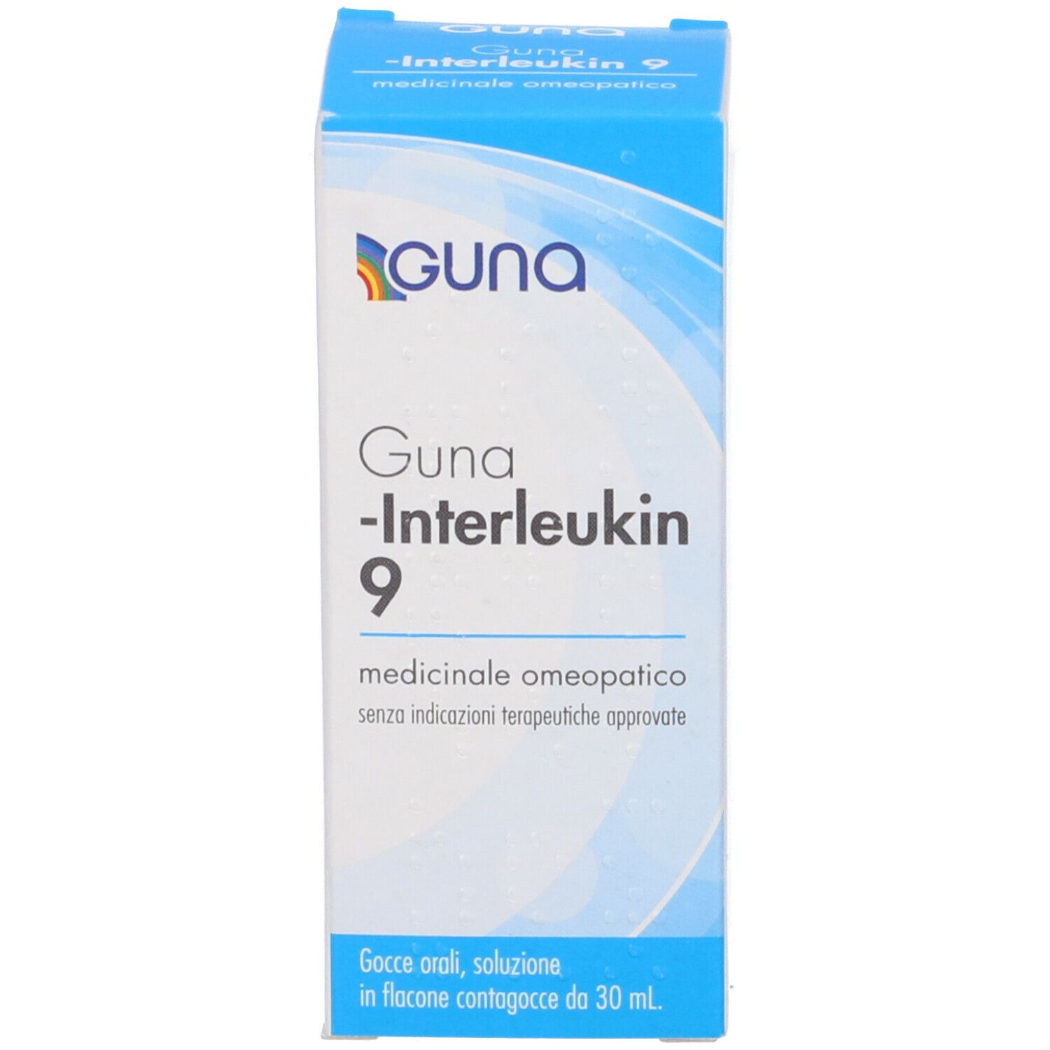 Scatola di Guna -Interleukin 9. Confezione blu e bianca con nome e logo del prodotto. Flacone contagocce.