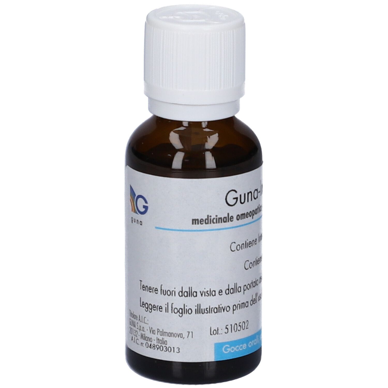Flacone di vetro marrone con tappo bianco. Etichetta con informazioni sul prodotto. Logo GUNA. Gocce orali.