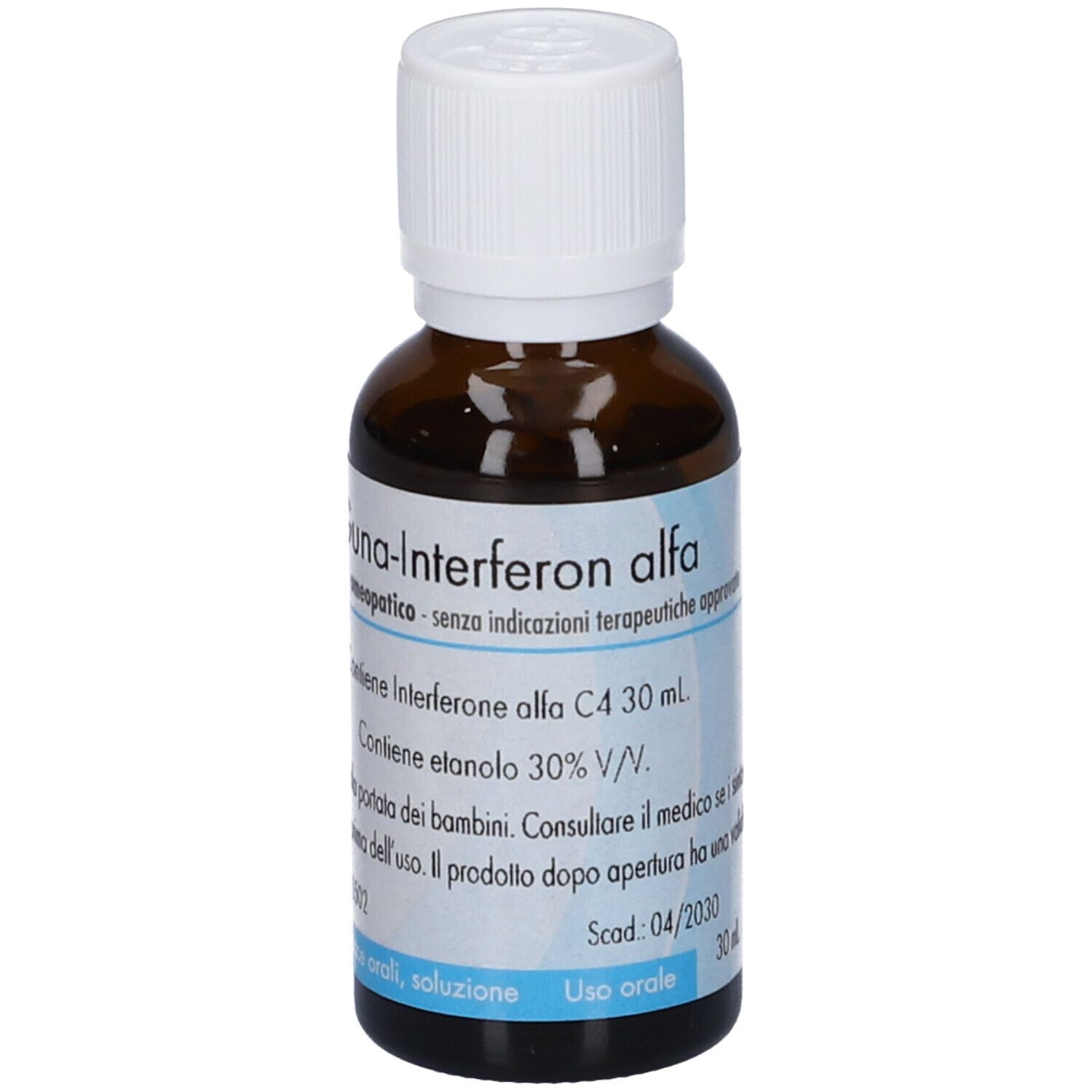 Flacone di vetro marrone con tappo bianco. Etichetta con informazioni sul prodotto. GUNA-Interferon alfa, C4 30 ml.