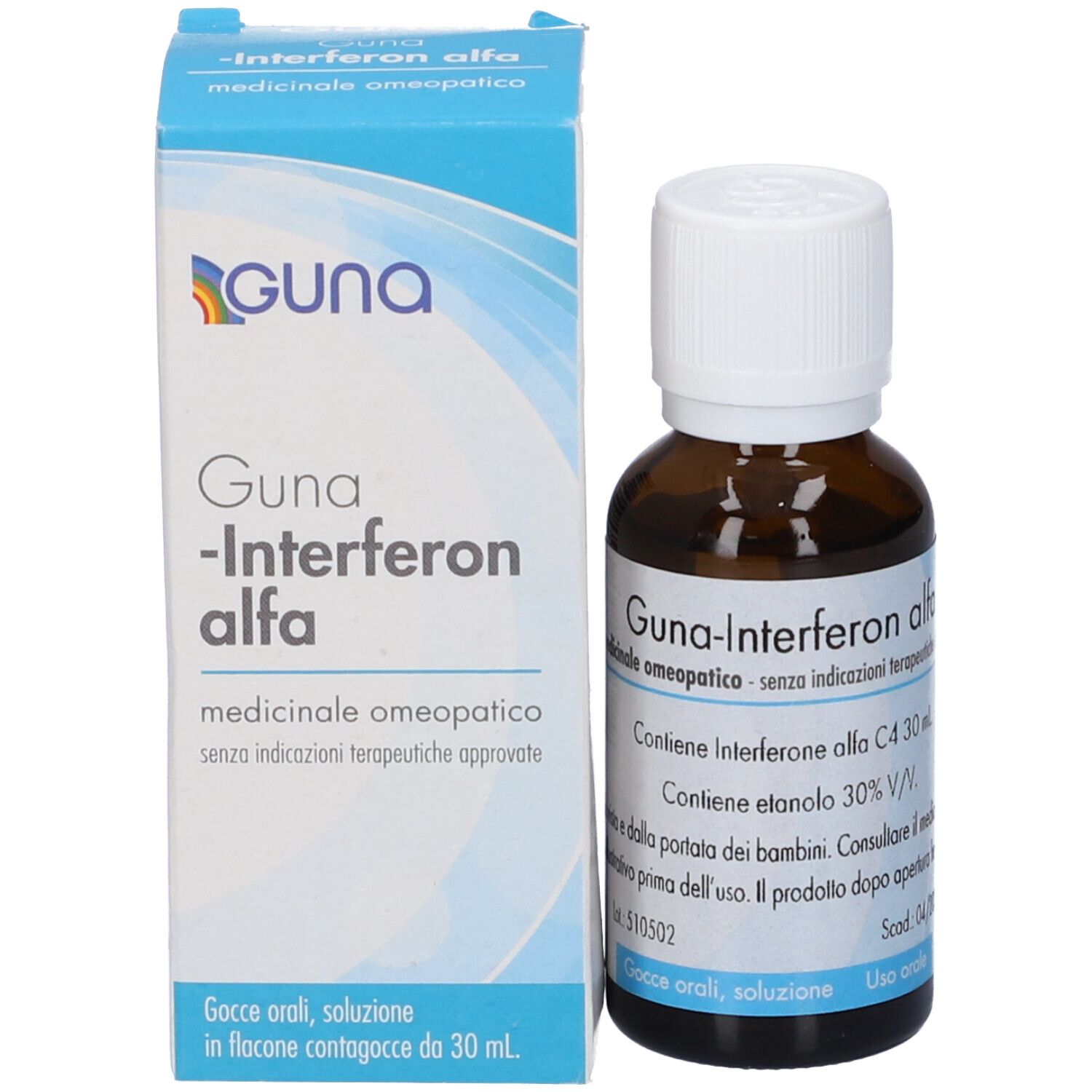 Flacone e confezione del prodotto. Flacone di vetro marrone con tappo bianco. GUNA-Interferon alfa. Confezione blu.