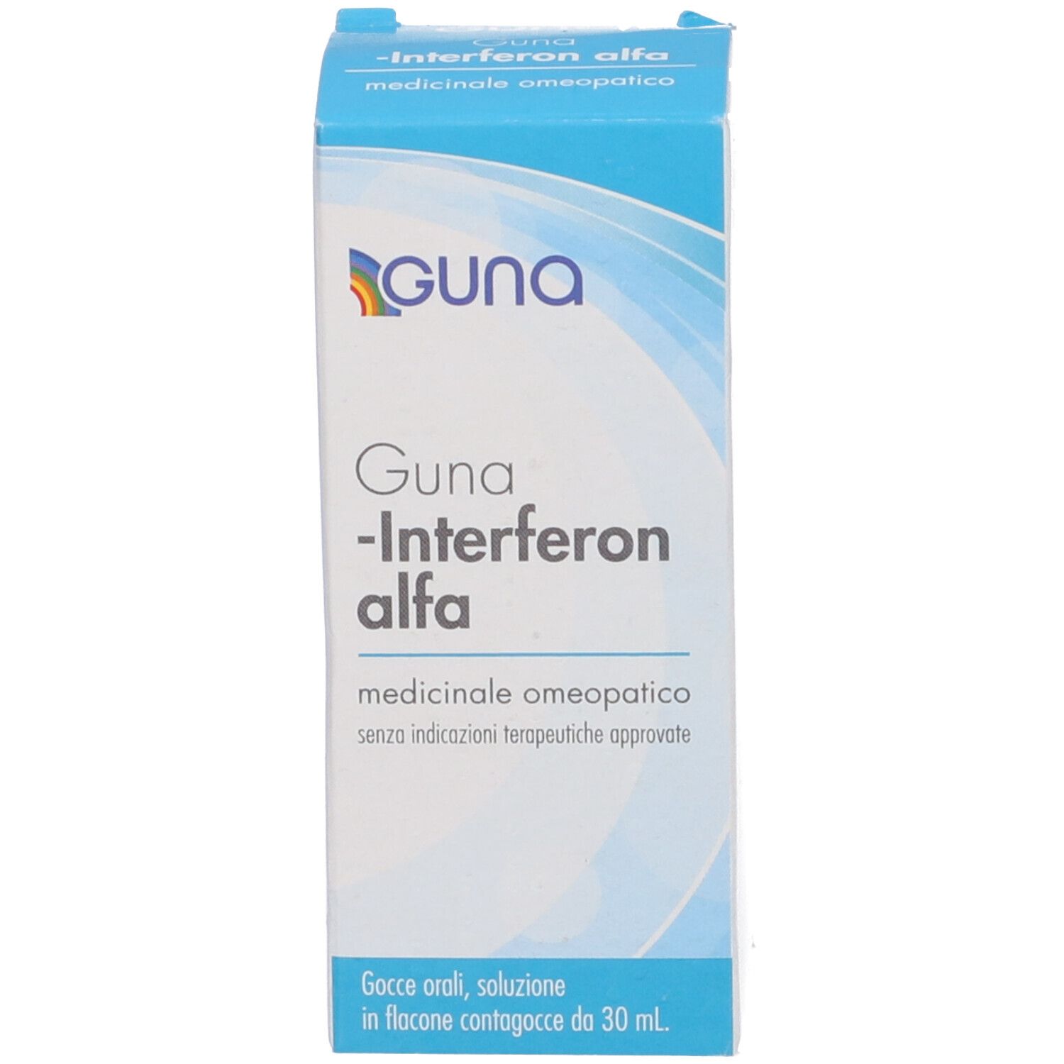 Confezione blu del prodotto. GUNA-Interferon alfa. Gocce orali. In flacone contagocce.