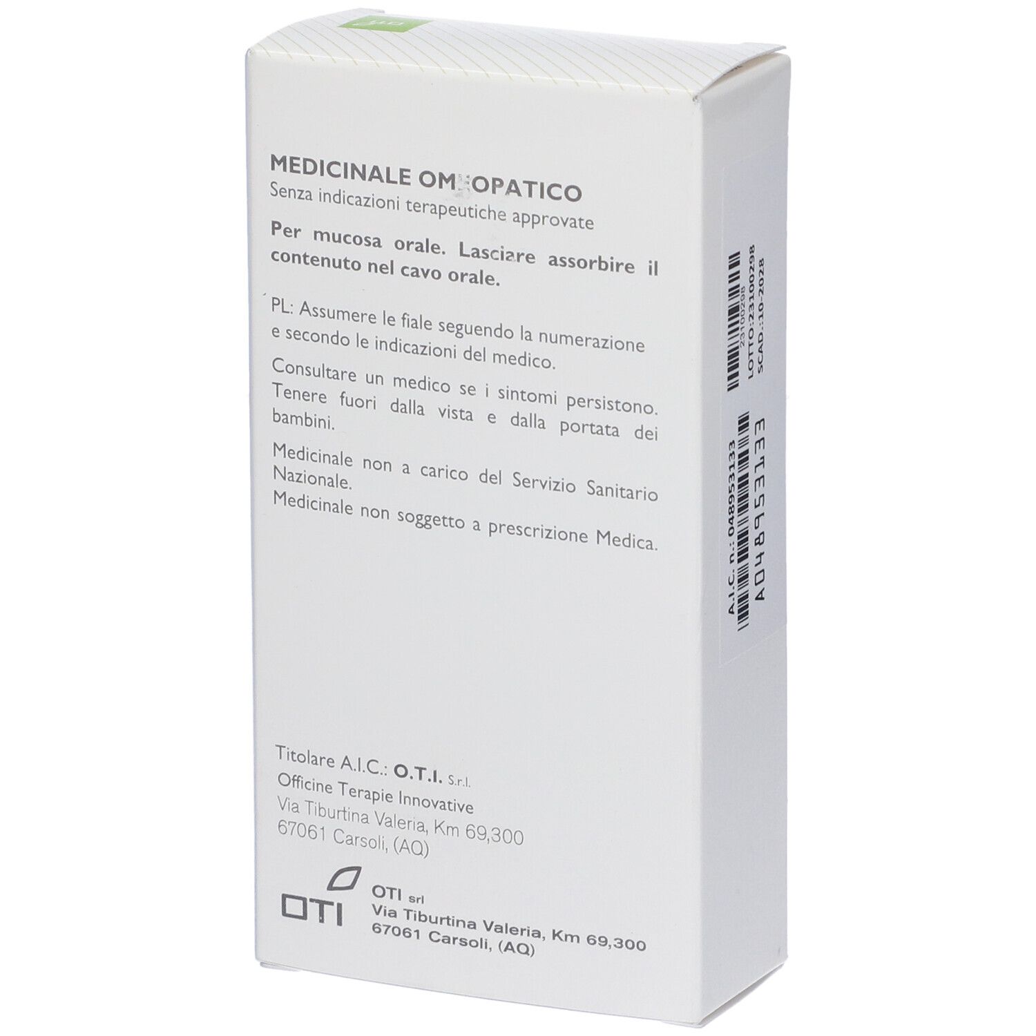 Scatola bianca, retro. Testo: Medicinale Omeopatico, informazioni sull'uso. Logo OTI e indirizzo.