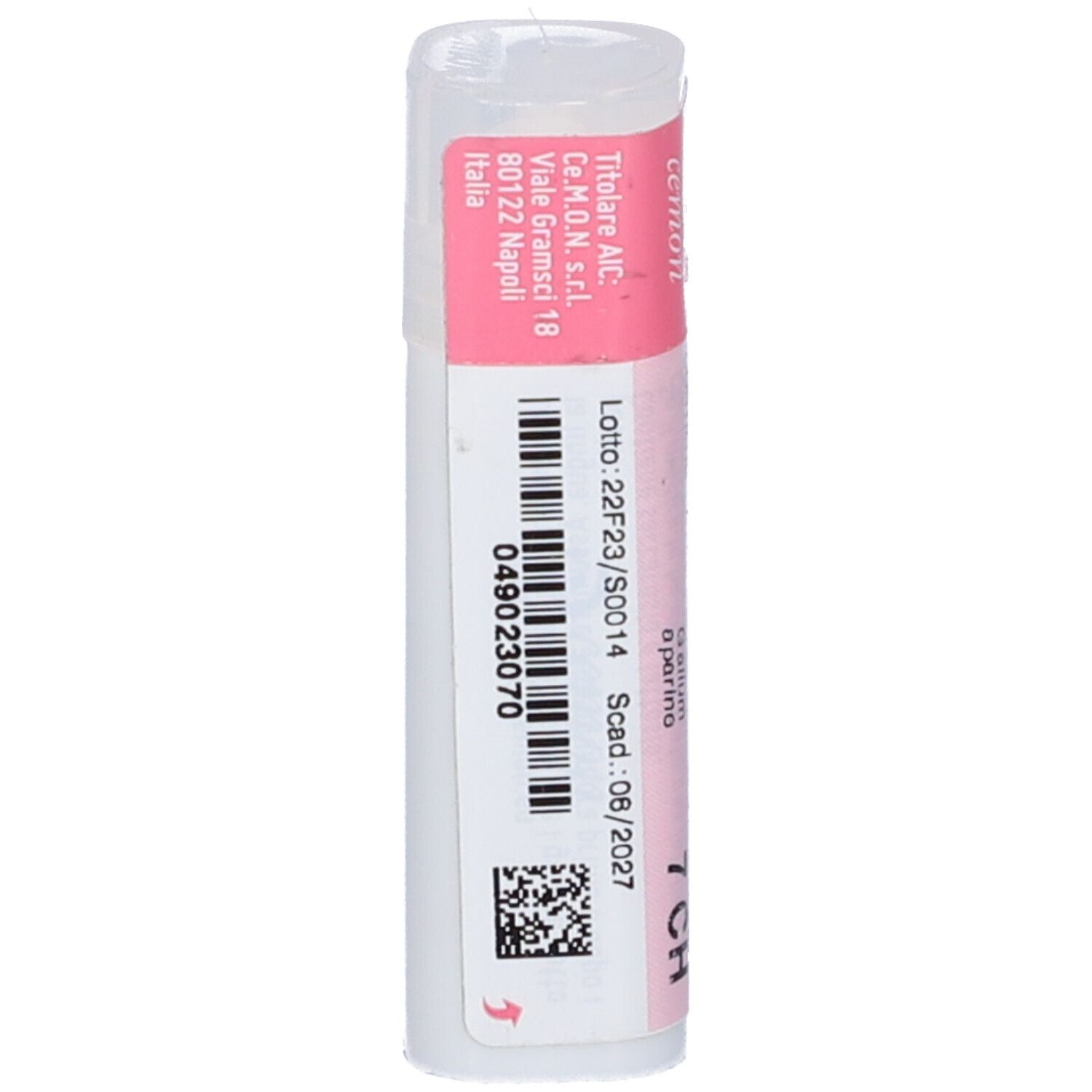 Flacone cilindrico con etichetta rosa. Codice a barre e numero di lotto. Scritta: Galium Aparine dynamis 7 CH.