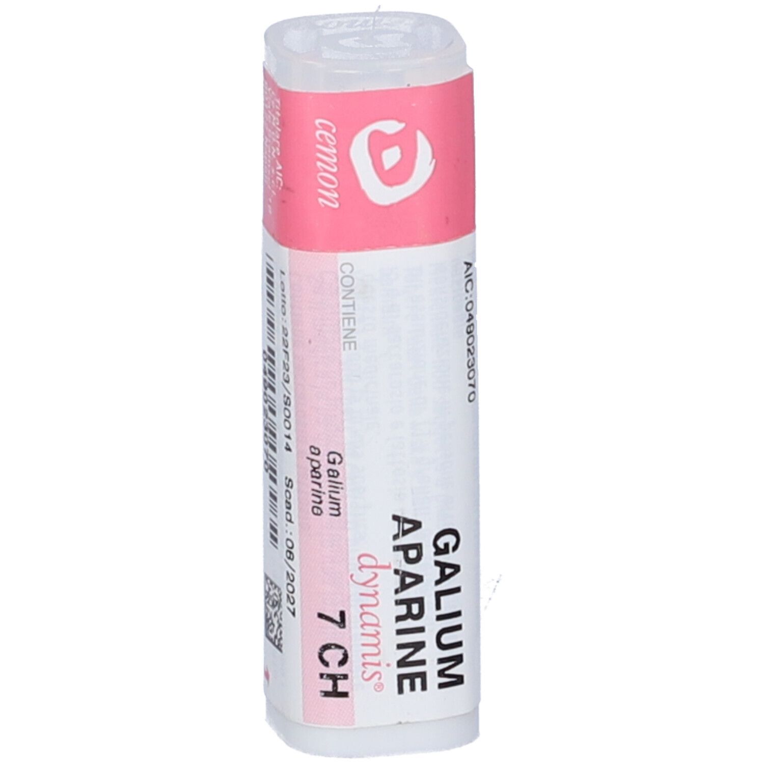 Flacone cilindrico con etichetta rosa. Scritta: Galium Aparine dynamis 7 CH. Marchio: Cemon.