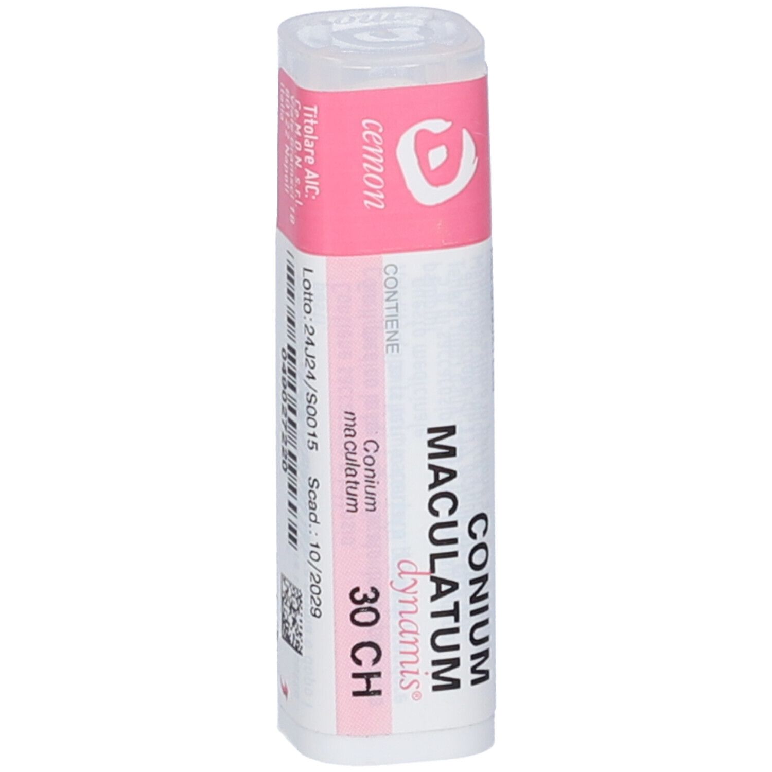 Flacone cilindrico con etichetta rosa. Scritta: Conium Maculatum Dynamis 30 CH. Produttore: Cemon.