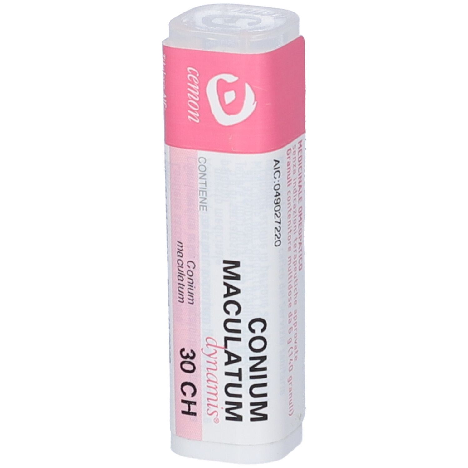 Flacone cilindrico con etichetta rosa. Scritta: Conium Maculatum Dynamis 30 CH. Produttore: Cemon.