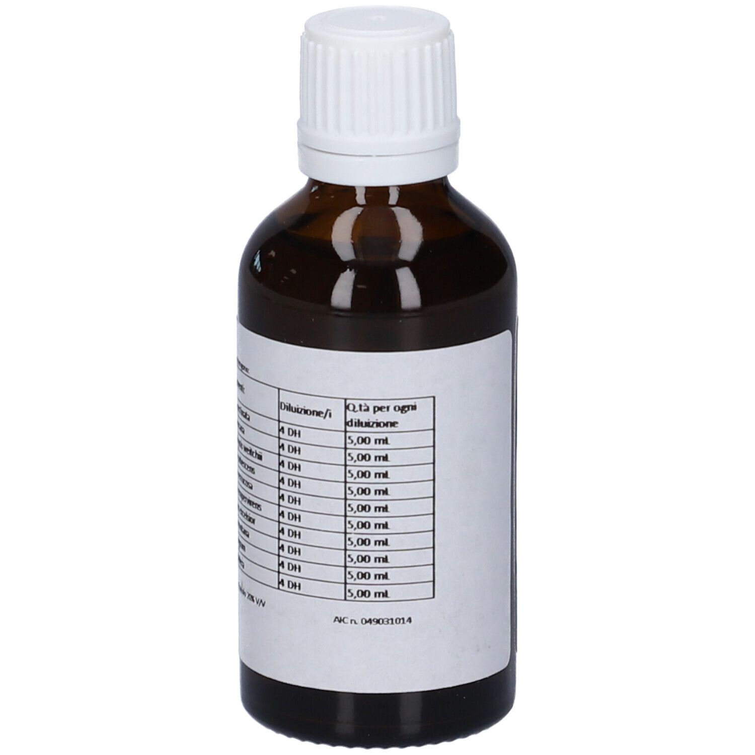 Flacone di vetro marrone con tappo bianco. Etichetta con ingredienti e informazioni sul dosaggio.