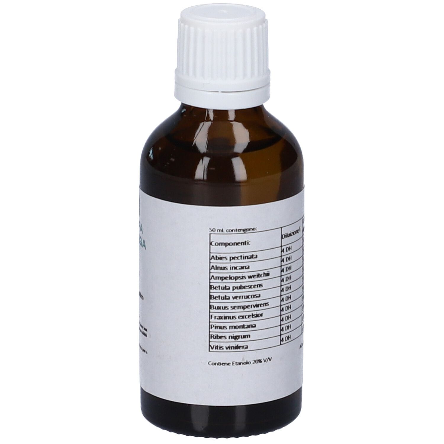 Flacone di vetro marrone con tappo bianco. Etichetta con ingredienti. Contiene 20% V/V etanolo.
