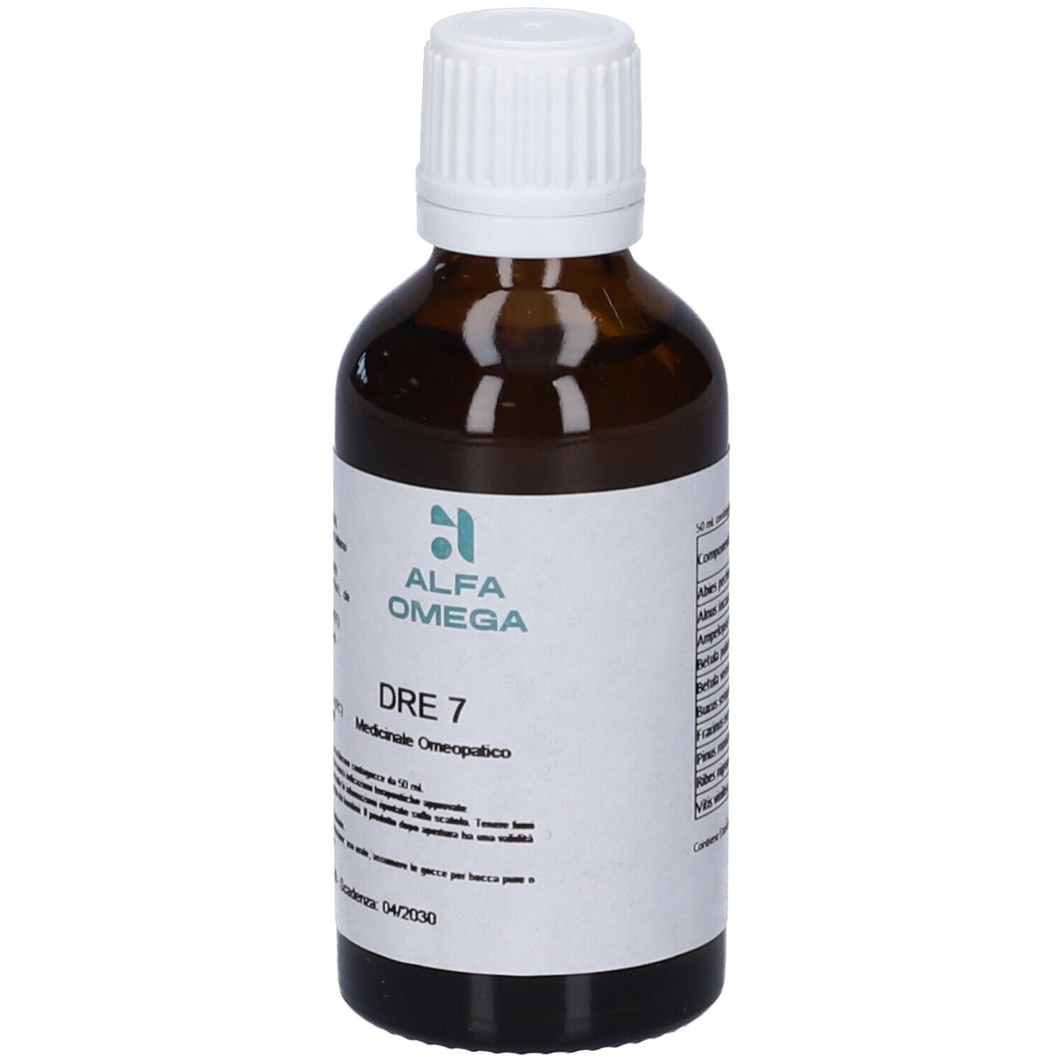 Flacone di vetro marrone con tappo bianco. Etichetta con nome del prodotto e logo. Testo: DRE 7, Medicinale Omeopatico.