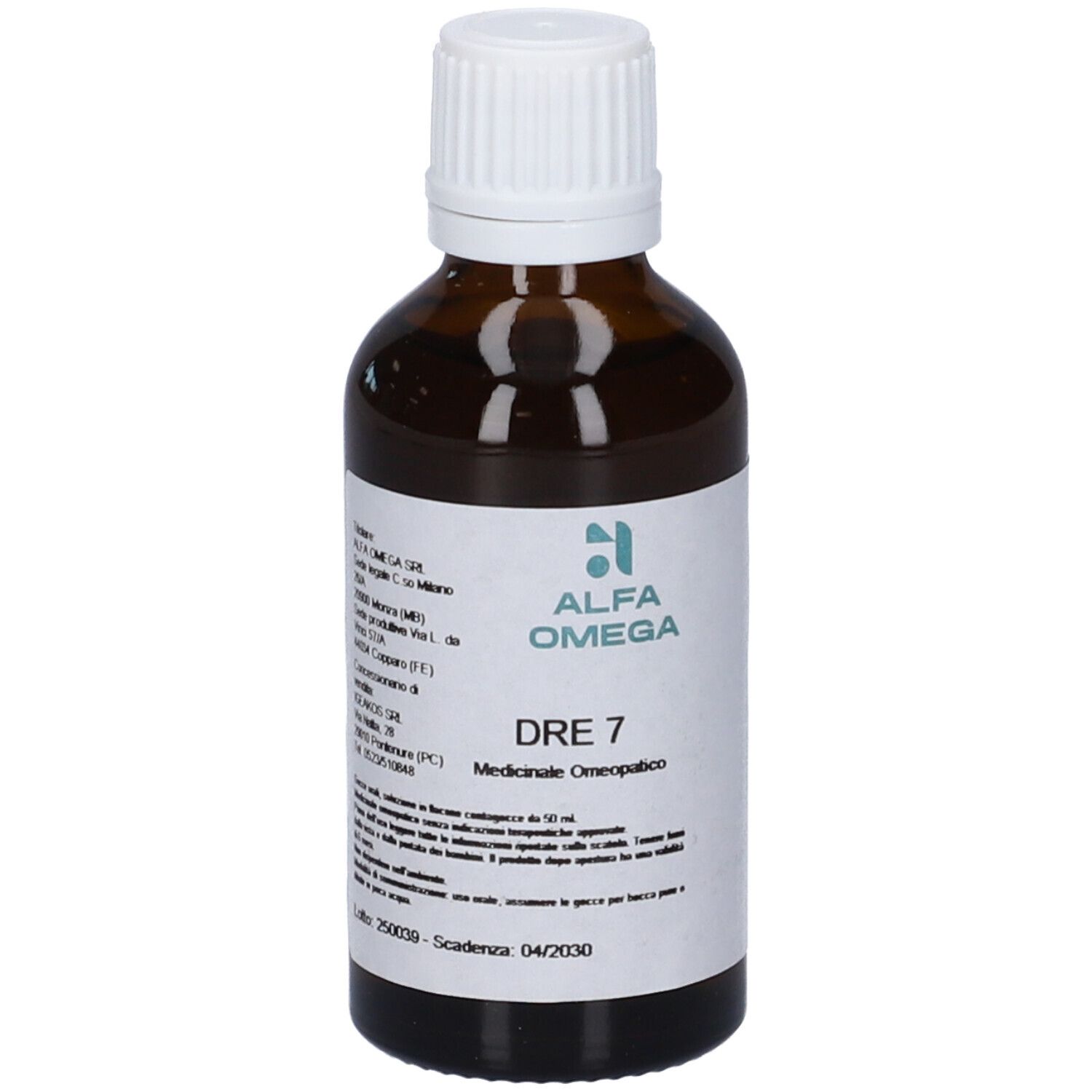 Flacone di vetro marrone con tappo bianco. Etichetta con nome del prodotto e logo. Testo: DRE 7, Medicinale Omeopatico.