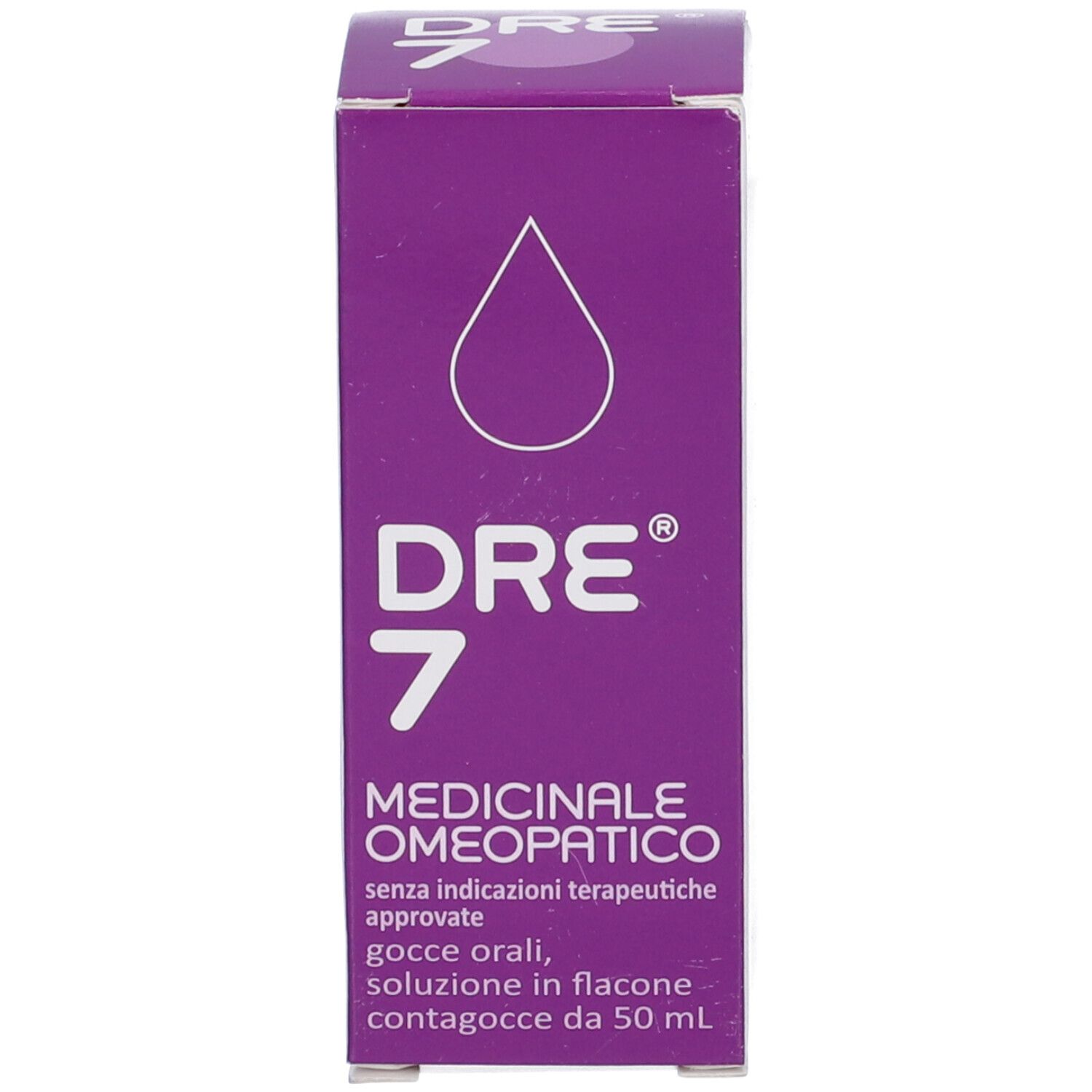 Scatola viola con simbolo di goccia bianca. Testo: DRE 7, Medicinale Omeopatico. Gocce, 50 ml.