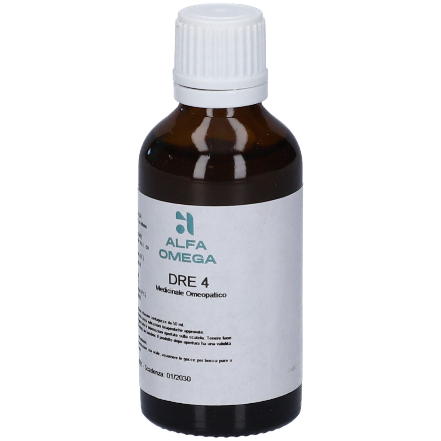 Flacone in vetro ambrato con tappo a vite bianco ed etichetta. Alfa Omega Dre 4.