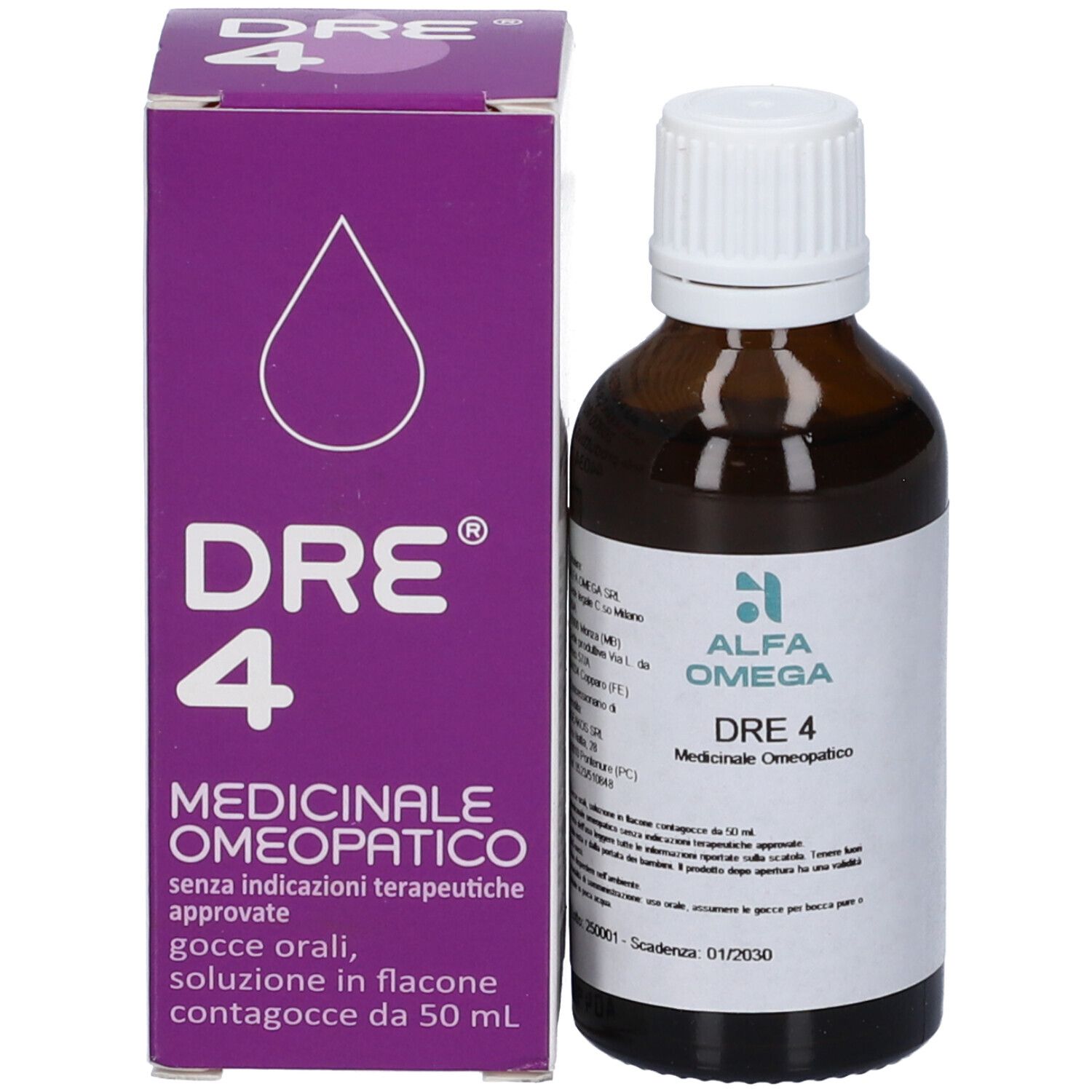 Flacone in vetro ambrato e scatola di cartone viola. Alfa Omega Dre 4.