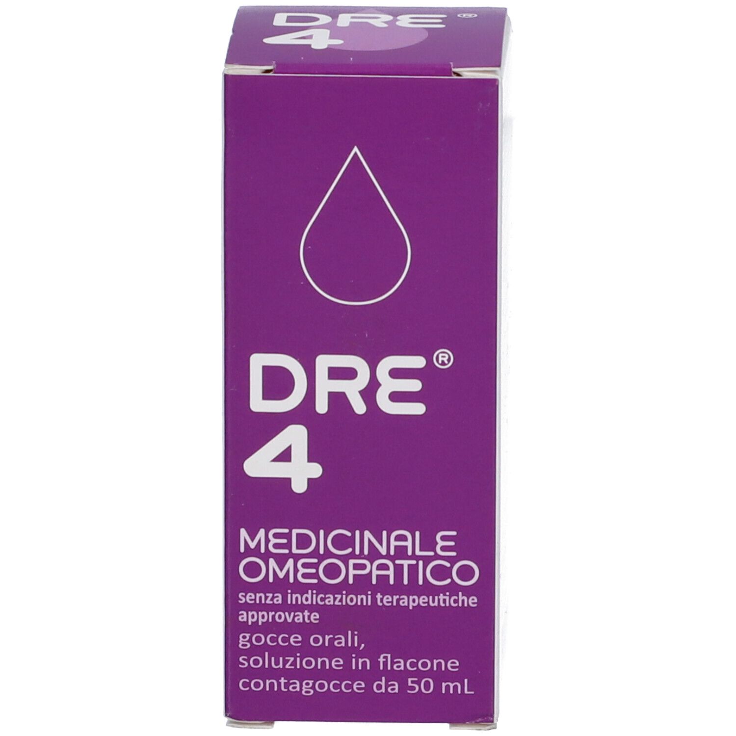 Scatola di cartone viola con simbolo a goccia e testo. Alfa Omega Dre 4.