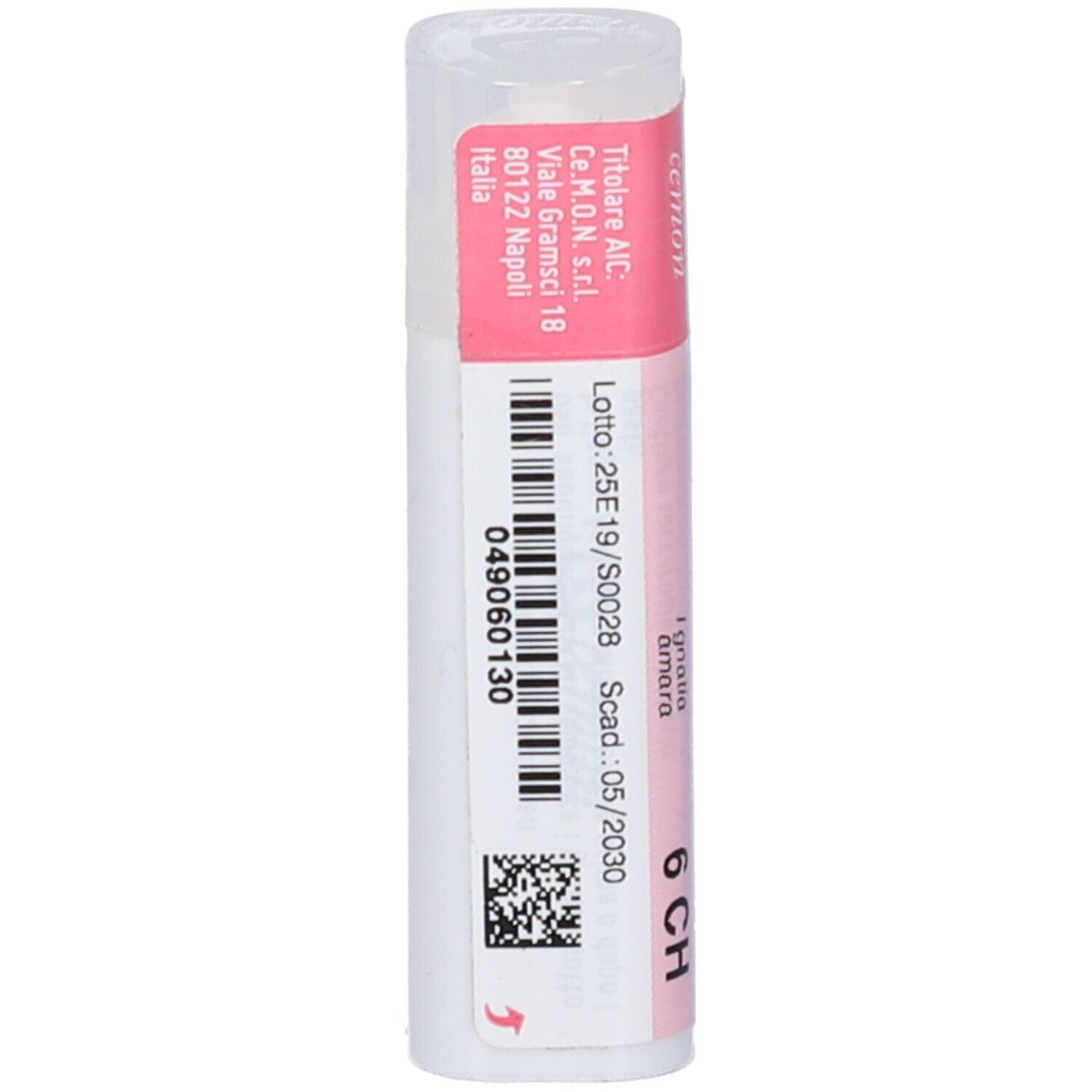 Flacone cilindrico con codice a barre ed etichetta rosa. Scritta: IGNATIA AMARA dynamis 6 CH. Contiene granuli.