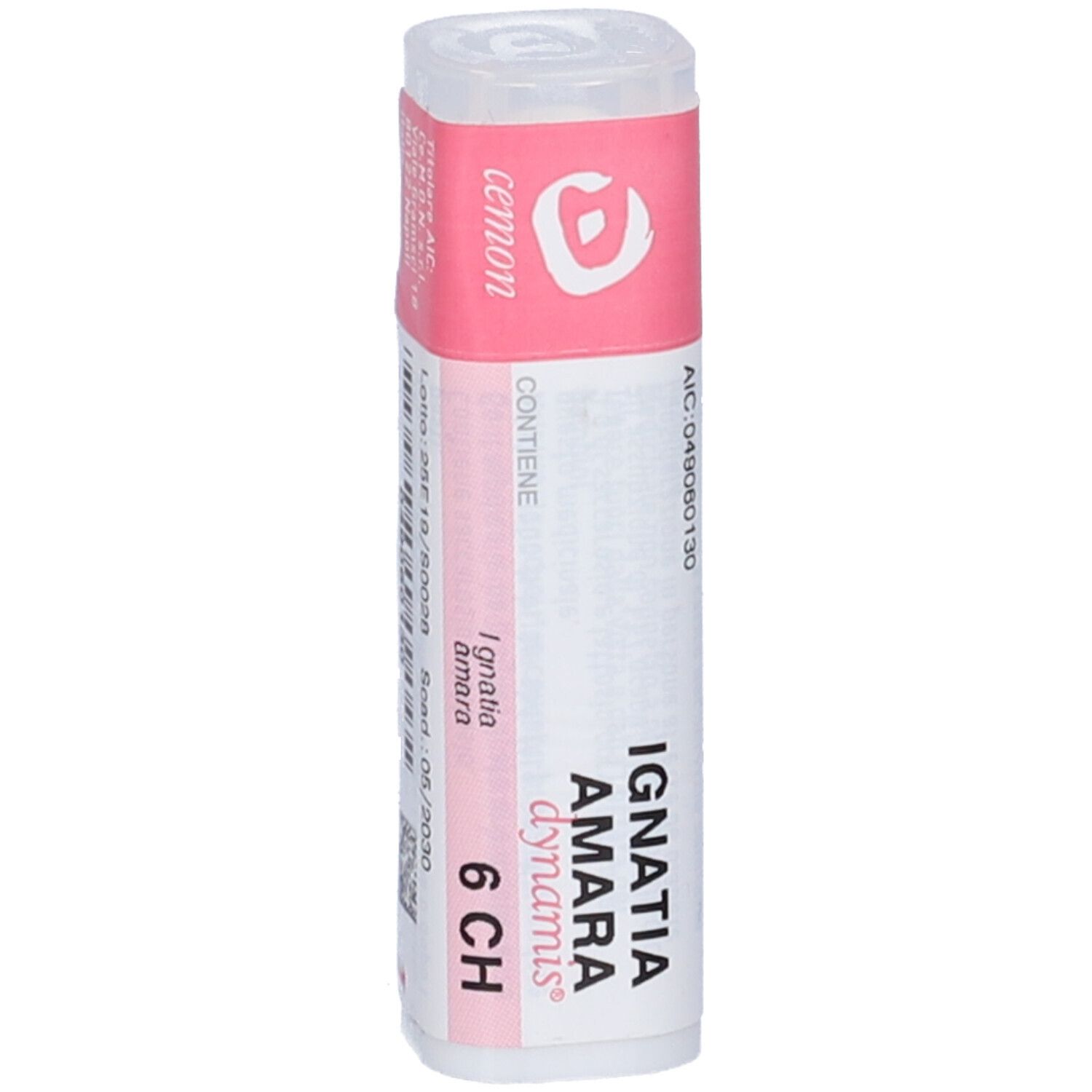 Flacone cilindrico con etichetta rosa e bianca. Scritta: IGNATIA AMARA dynamis 6 CH. Contiene granuli.