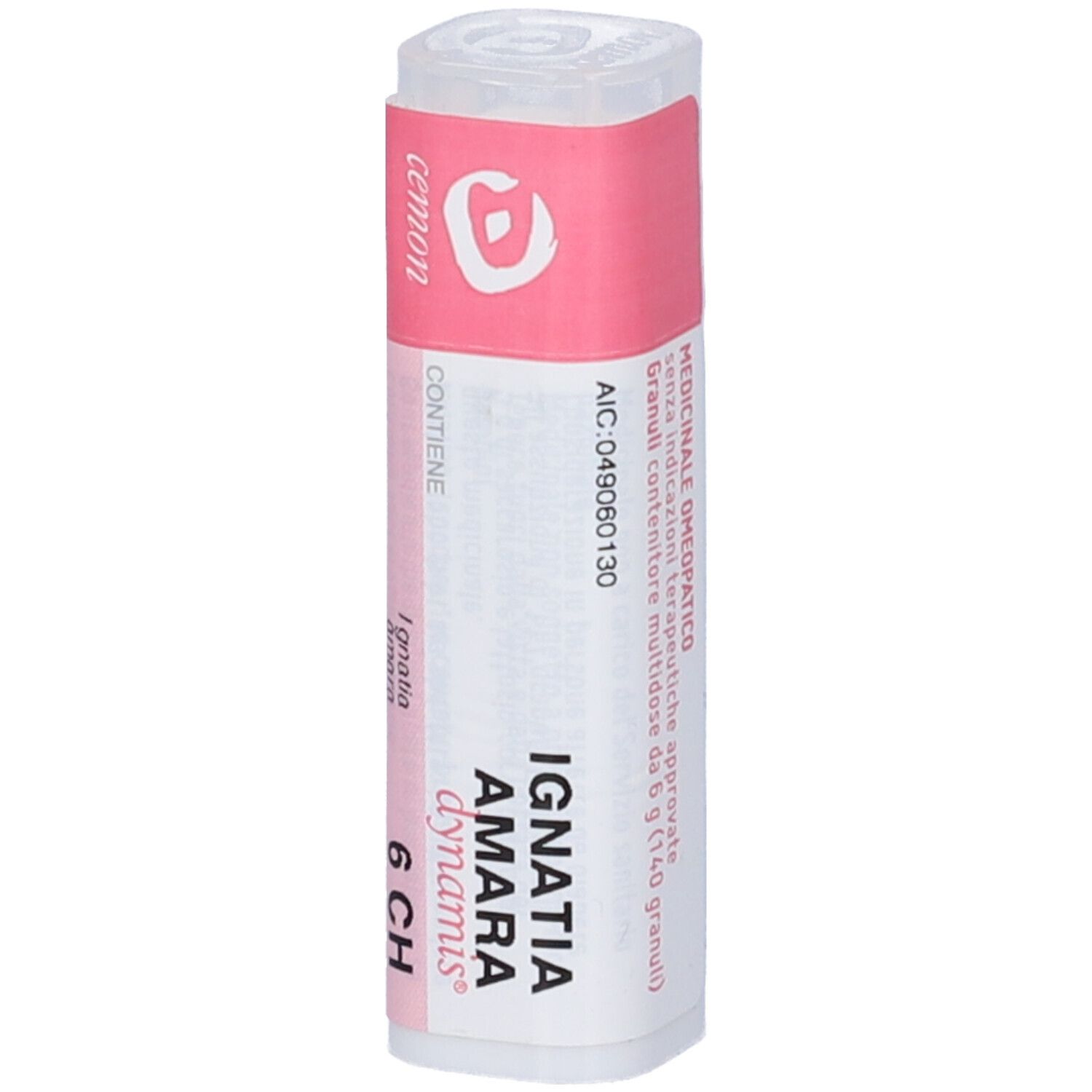 Flacone cilindrico con etichetta rosa e bianca. Scritta: IGNATIA AMARA dynamis 6 CH. Contiene granuli.